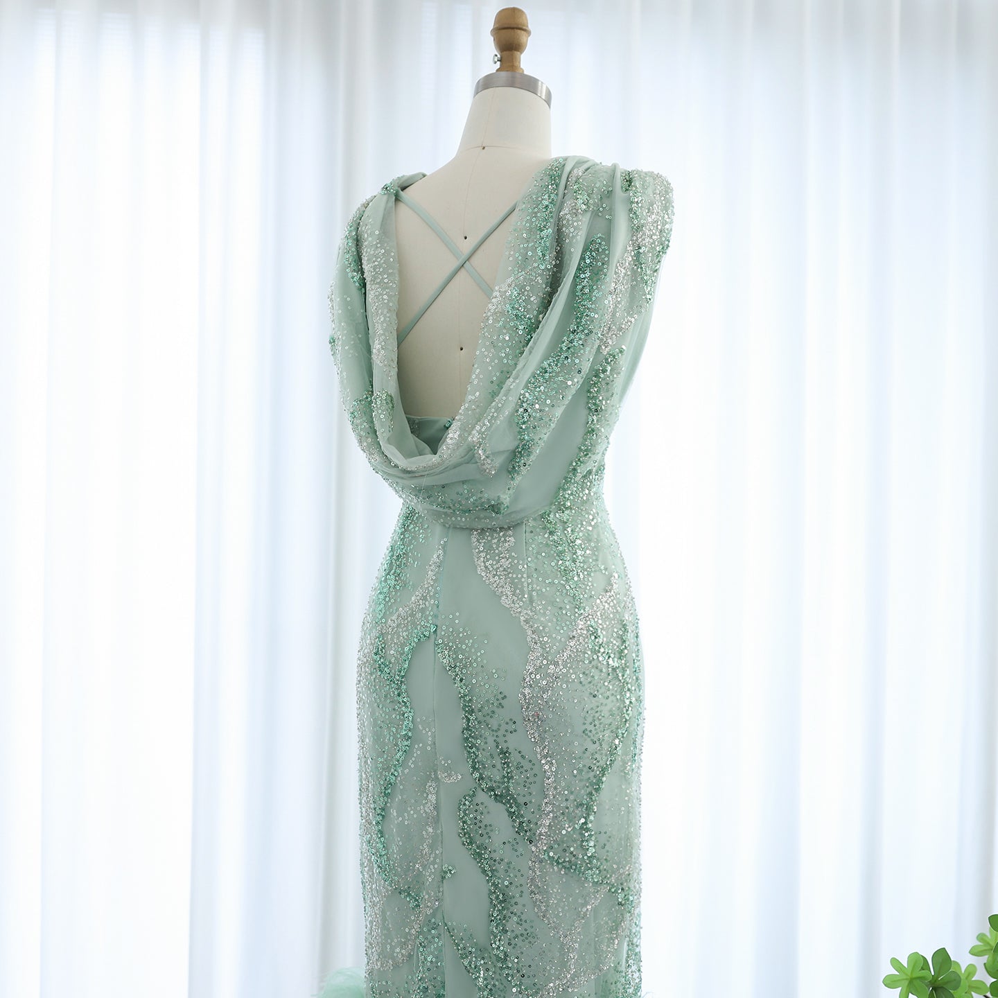 Luxury Feather Sage Green Criss Cross Evening Dress SS436