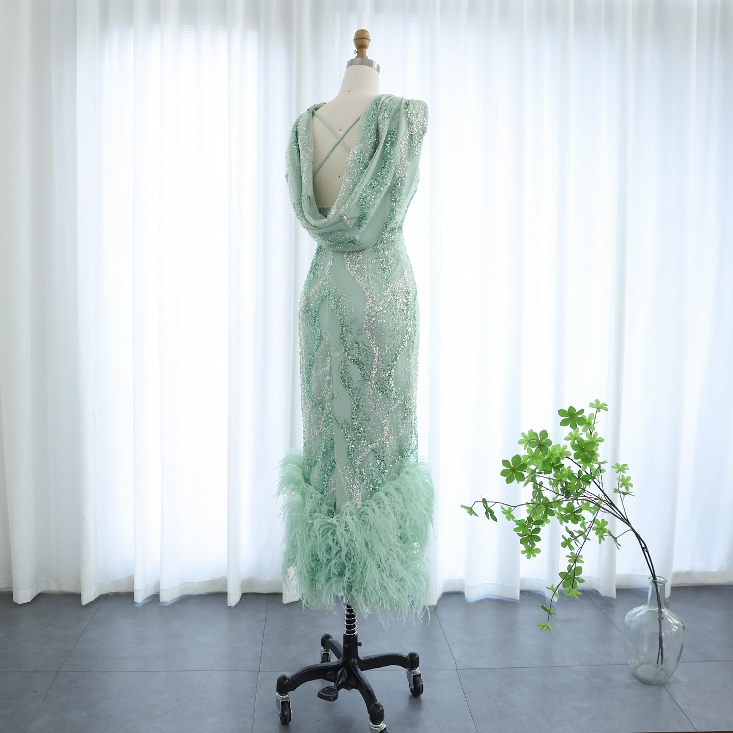 Luxury Feather Sage Green Criss Cross Evening Dress SS436