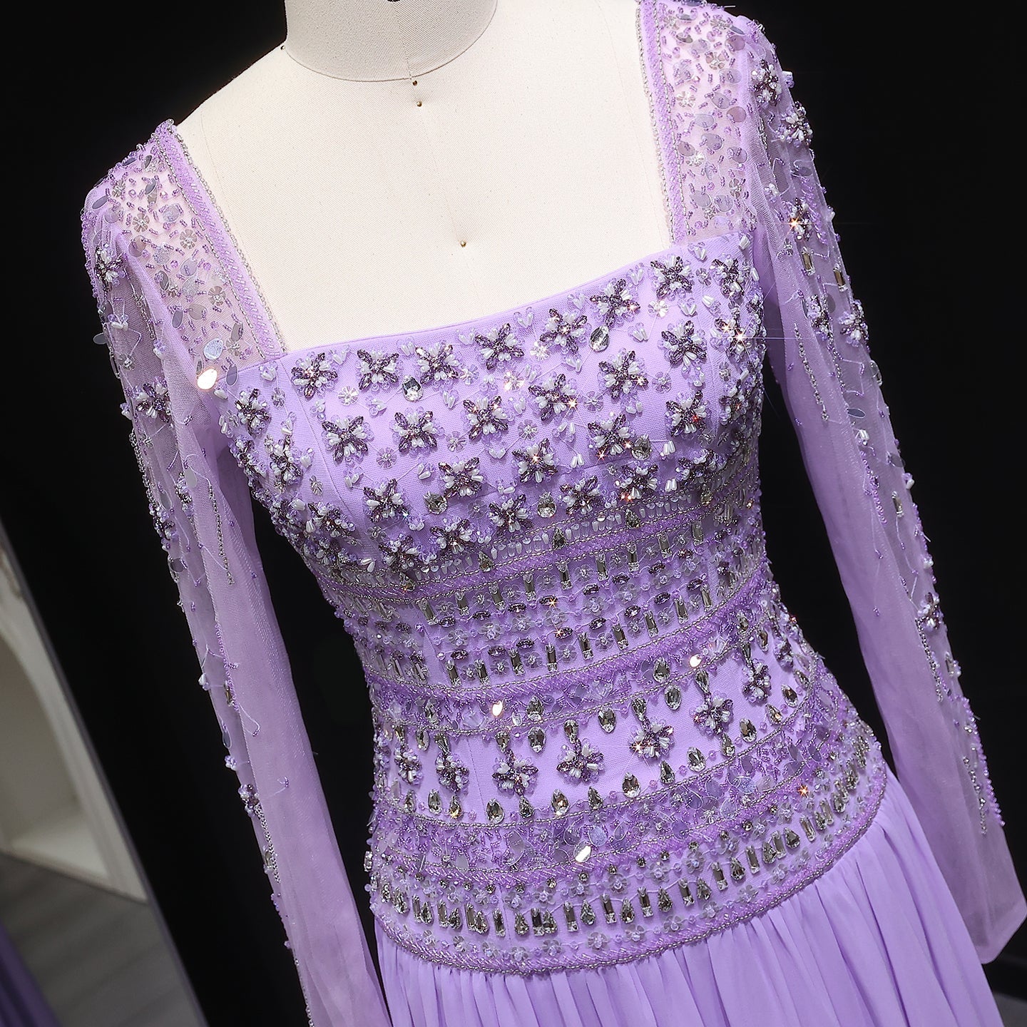 Strapless Lilac Beaded Bodice Evening Dress with Flowing Skirt SS539