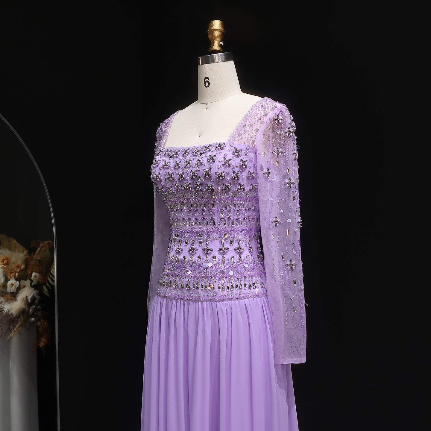 Strapless Lilac Beaded Bodice Evening Dress with Flowing Skirt SS539