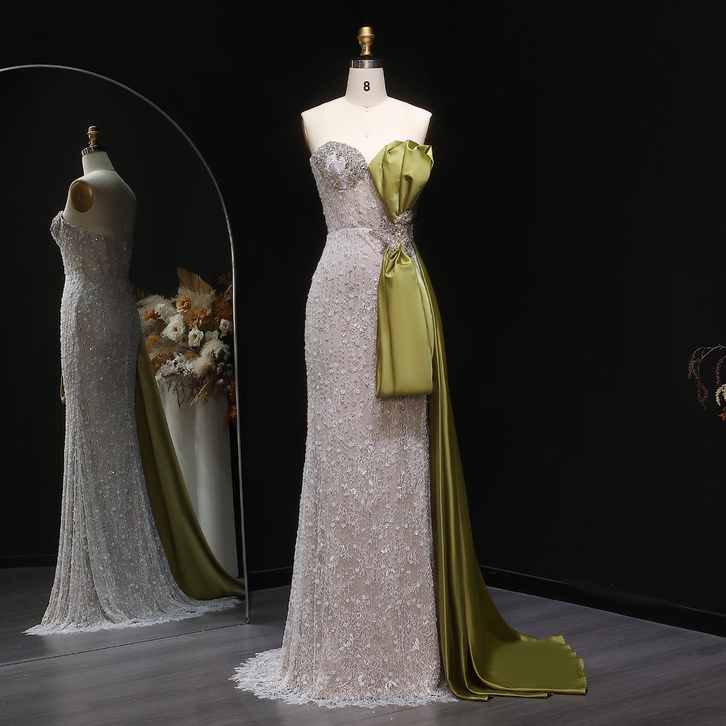 Luxury Crystal Beige Evening Dresses with Overskirt SS617