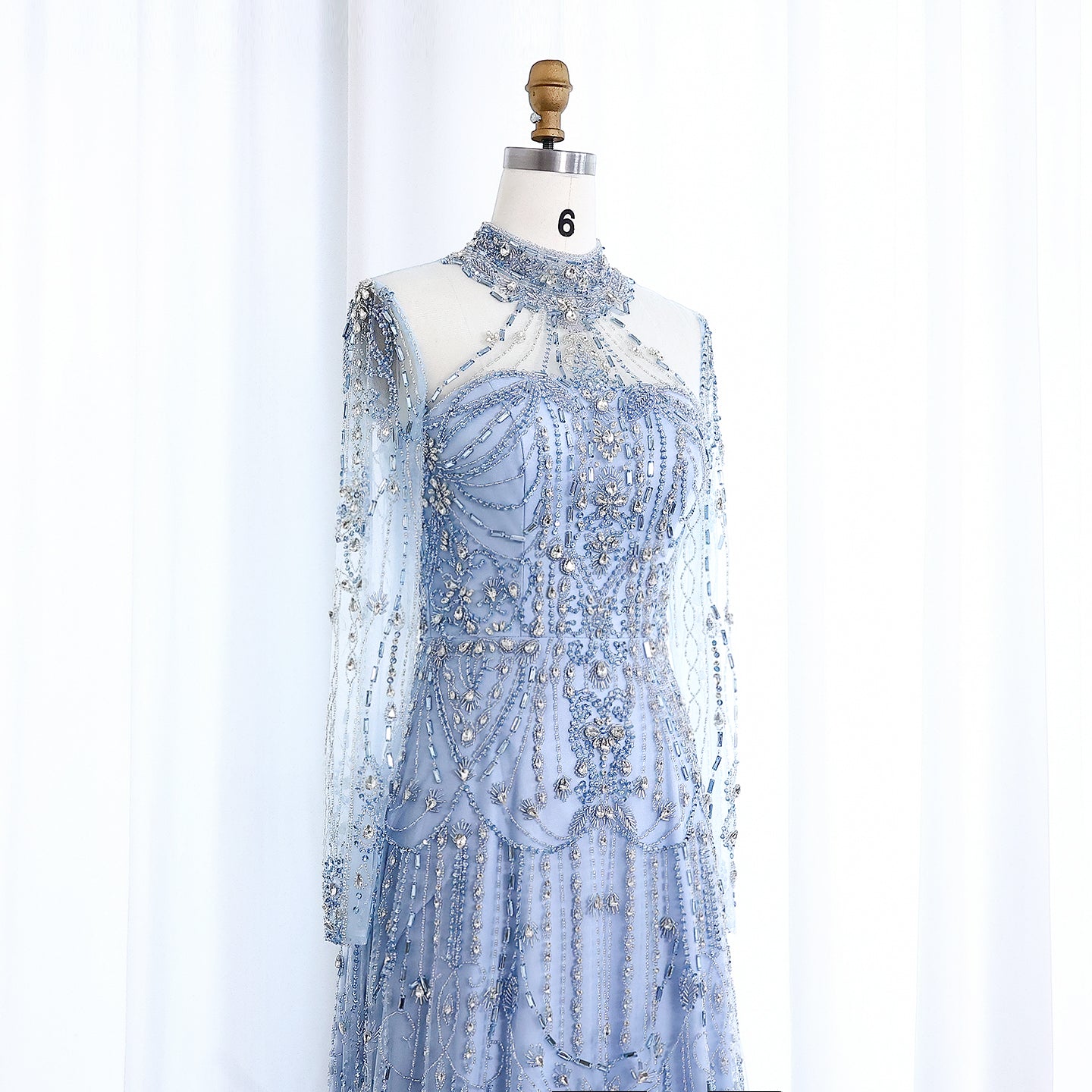 Luxury Blue Long Sleeves High Neck Evening Dress SS587