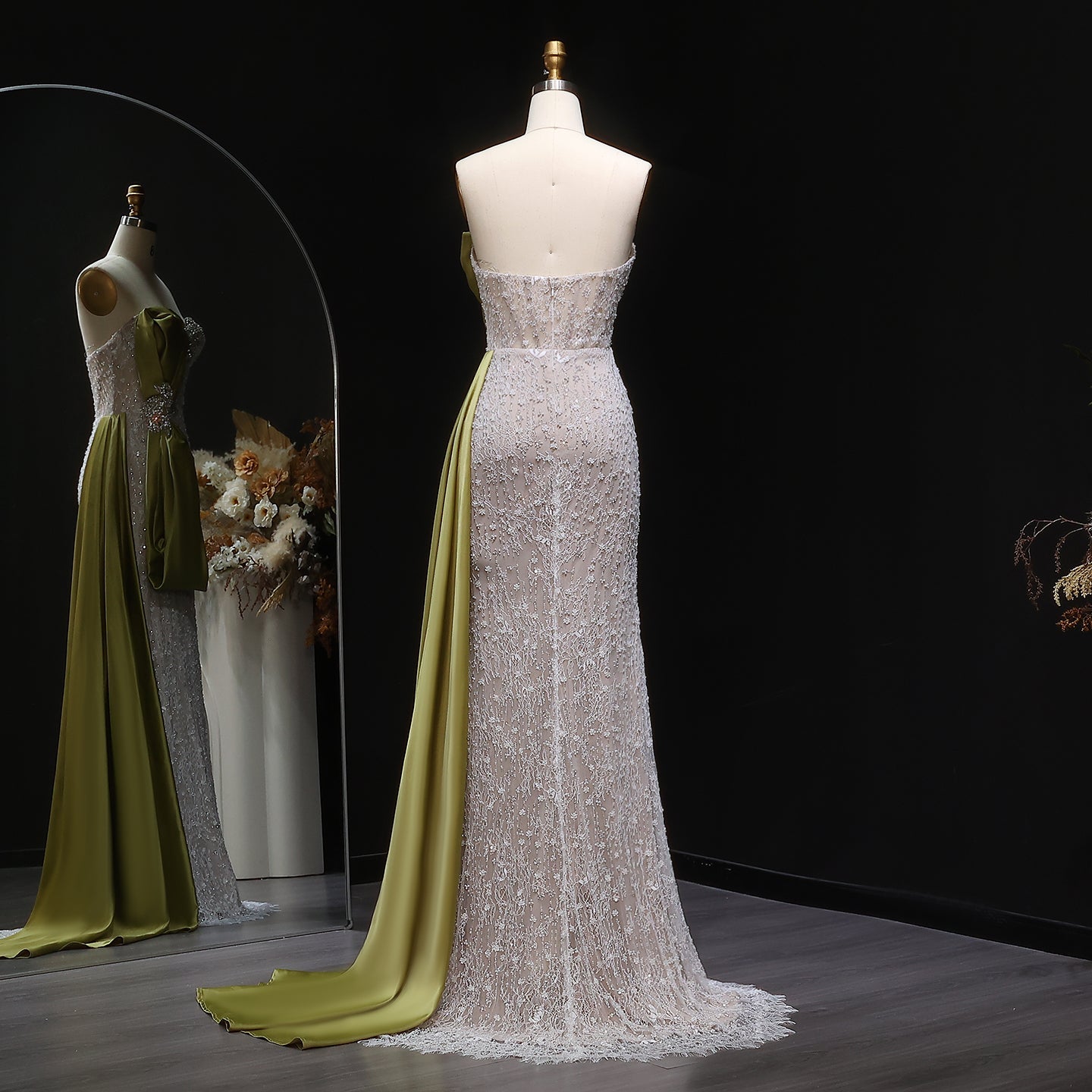 Luxury Crystal Beige Evening Dresses with Overskirt SS617