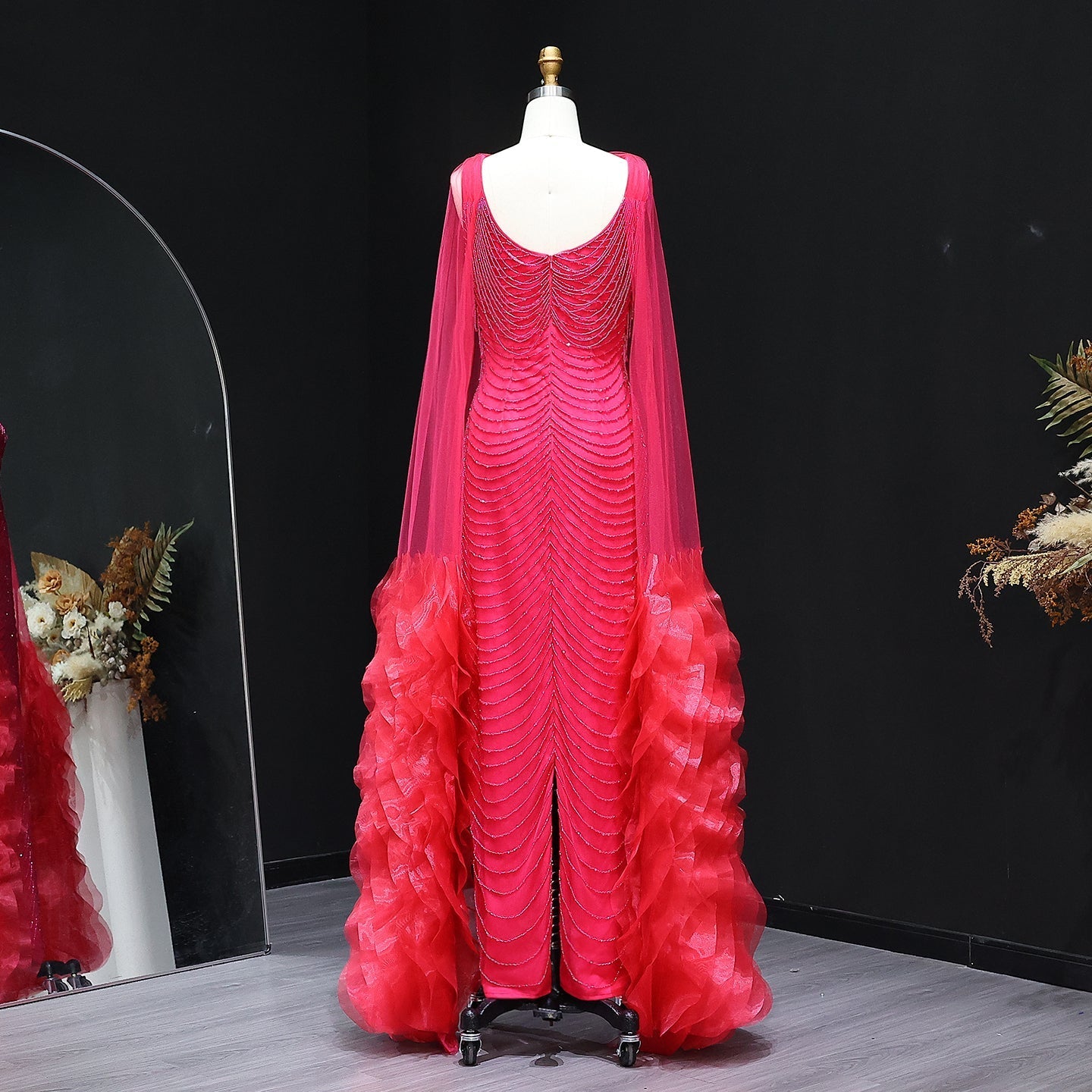 Luxury Beading Purple Evening Dress with Cape Sleeves SS280