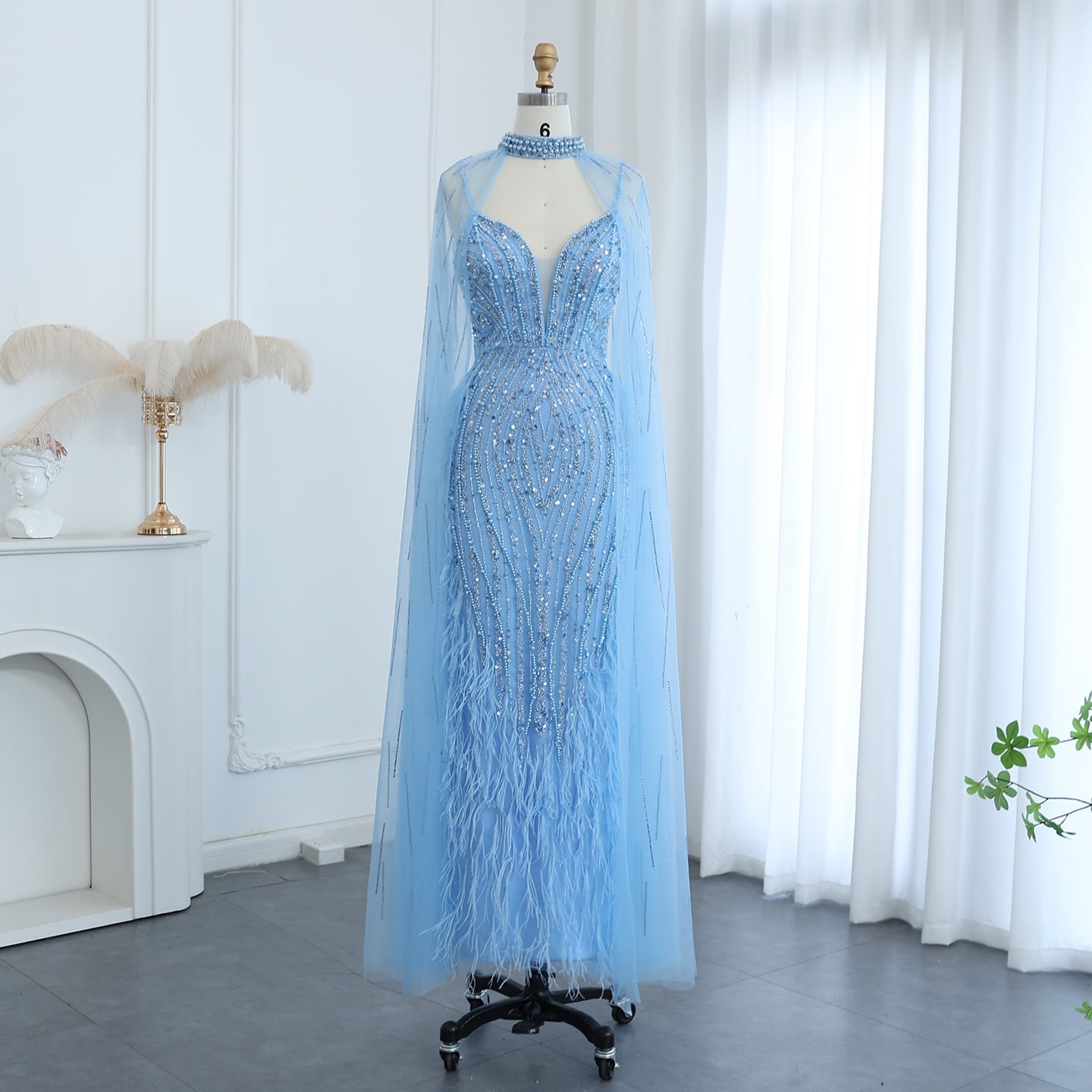 Luxury Feather Nude Mermaid Spaghetti Evening Dress with Cape SS185  Blue / US 18