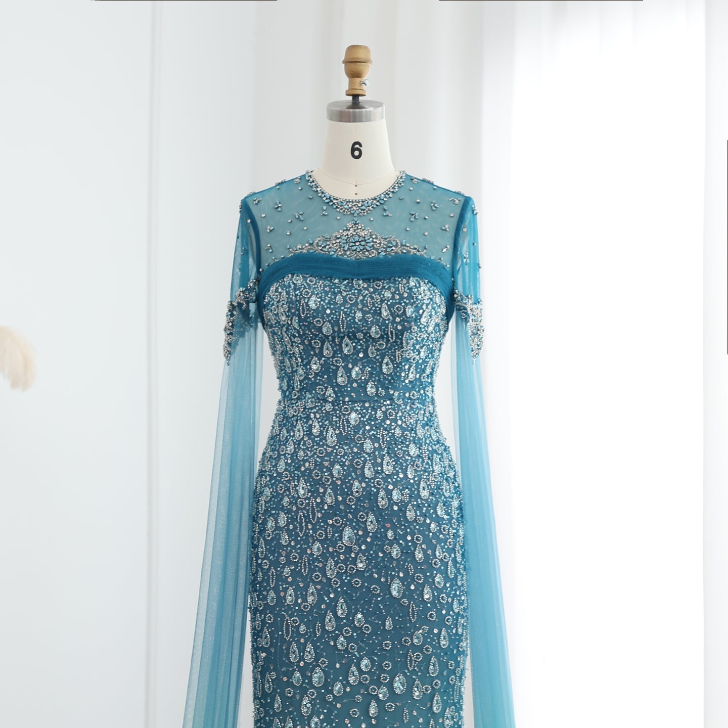 Luxury Turquoise Crystal Evening Dresses with Cape Sleeves SS666