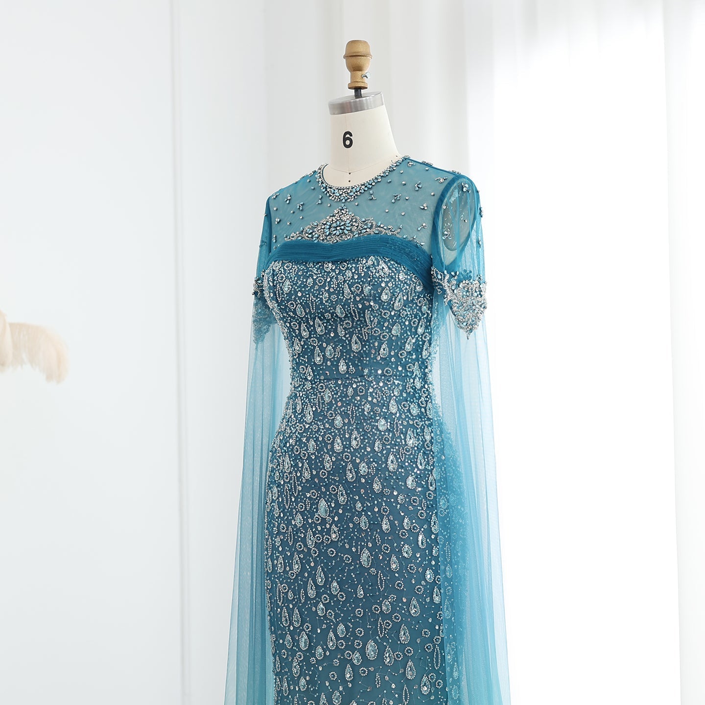 Luxury Turquoise Crystal Evening Dresses with Cape Sleeves SS666