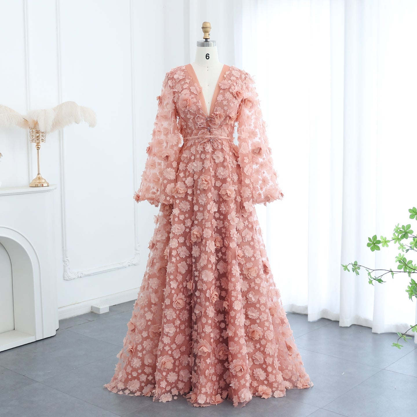 Arabic Peach-Pink 3D Flowers Long Sleeves Evening Dresses SS295
