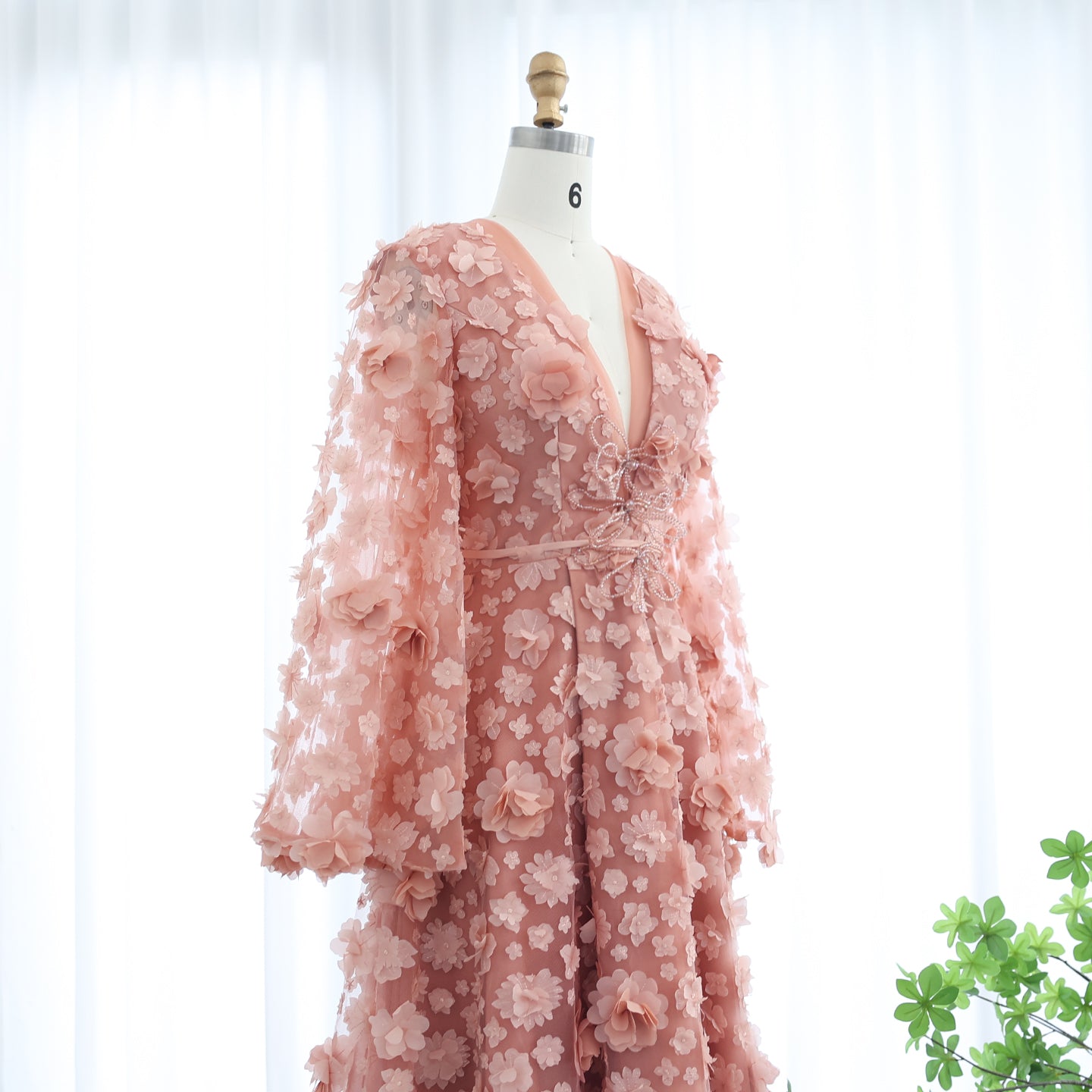 Arabic Peach-Pink 3D Flowers Long Sleeves Evening Dresses SS295