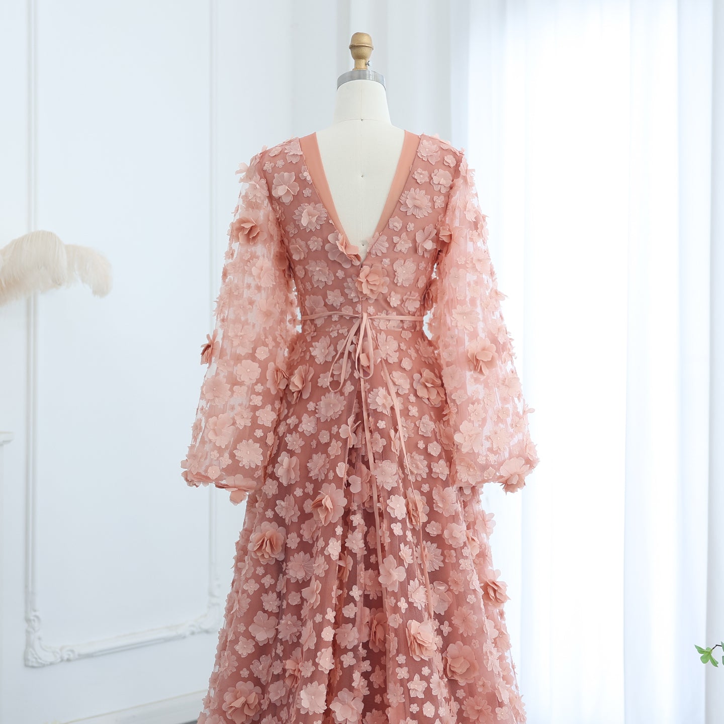 Arabic Peach-Pink 3D Flowers Long Sleeves Evening Dresses SS295