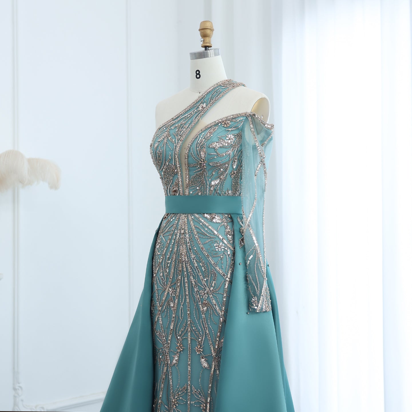 Luxury Turquoise One-Shoulder Evening Dress with Overskirt SS307