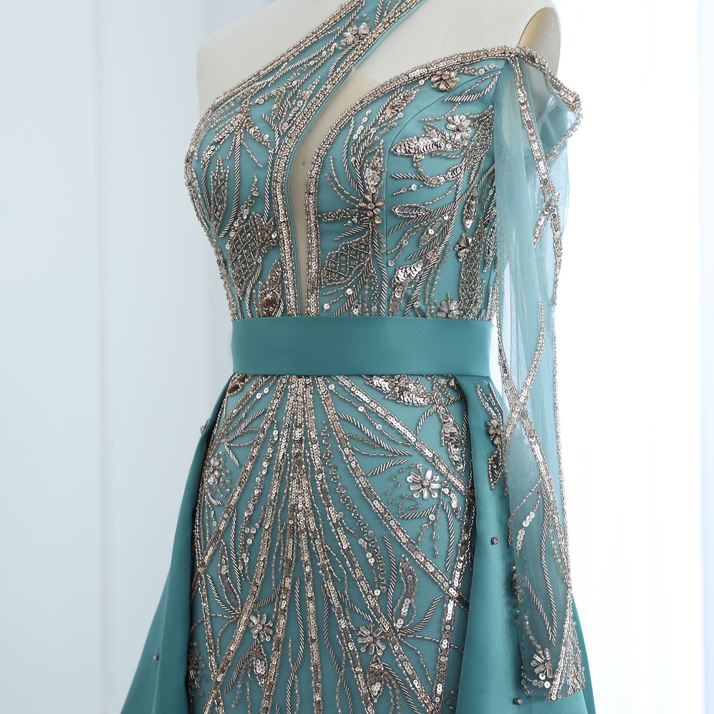 Luxury Turquoise One-Shoulder Evening Dress with Overskirt SS307