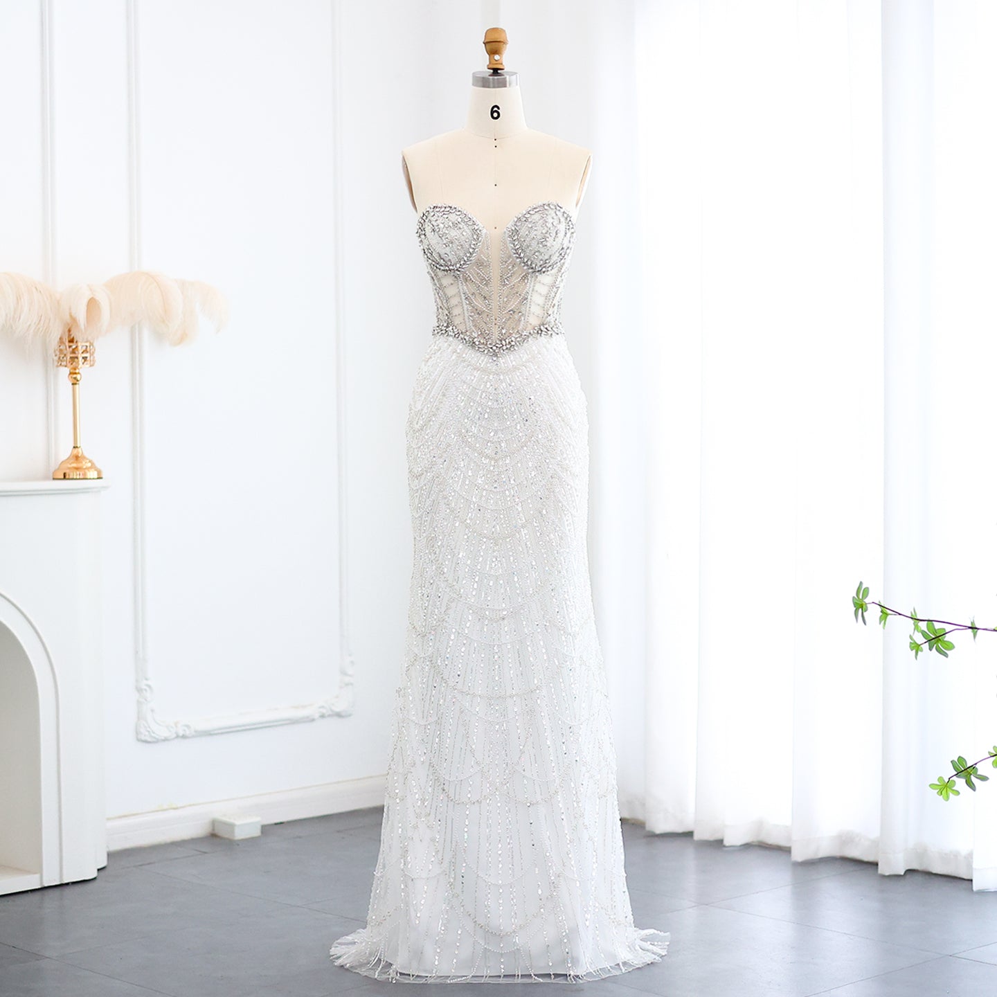 Luxury Crystal Nude Strapless Evening Dress SS619  White / US 16