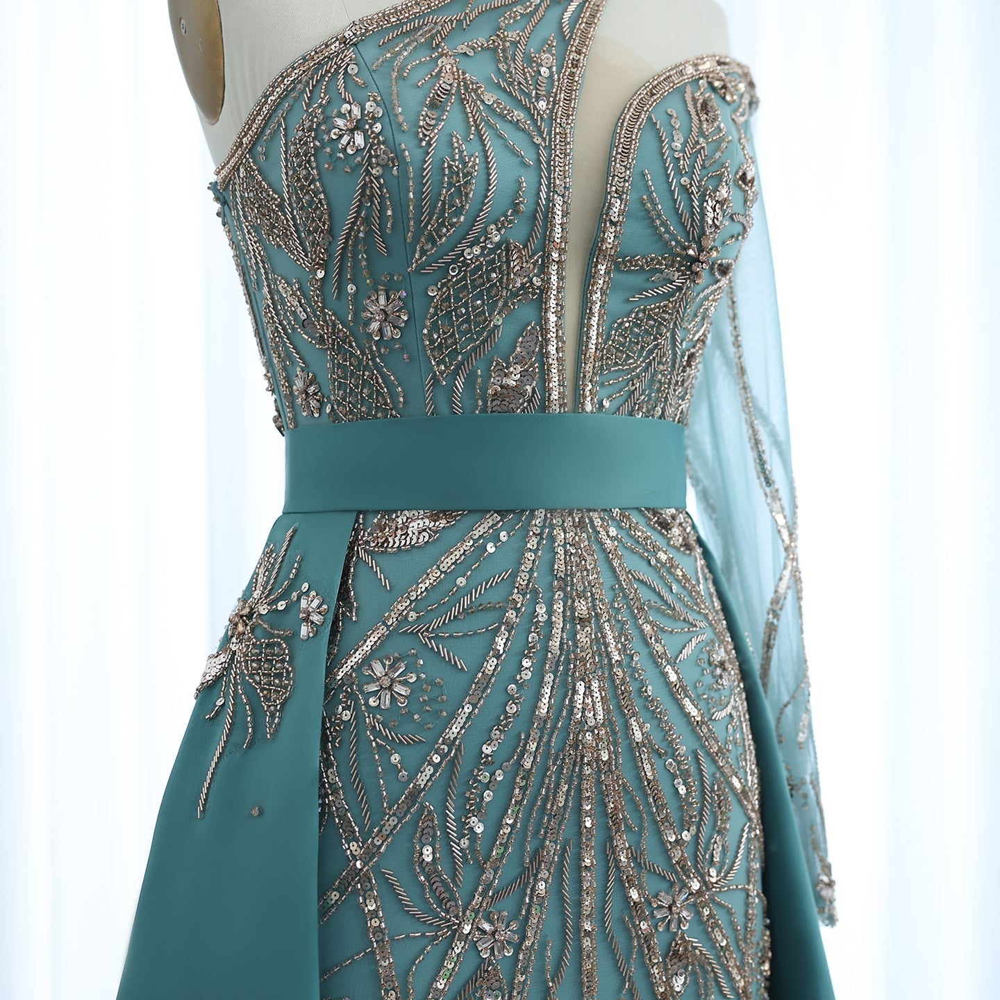 Luxury Turquoise One-Shoulder Evening Dress with Overskirt SS307