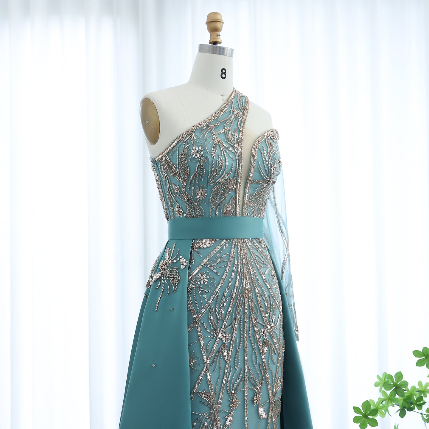 Luxury Turquoise One-Shoulder Evening Dress with Overskirt SS307