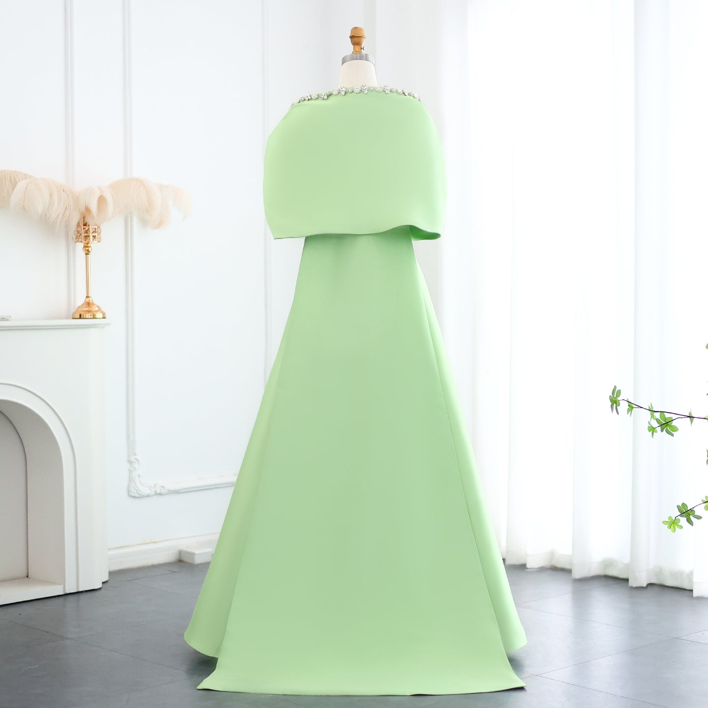 Luxury Crystal Green Evening Dress with Cap and Overskirt SS577