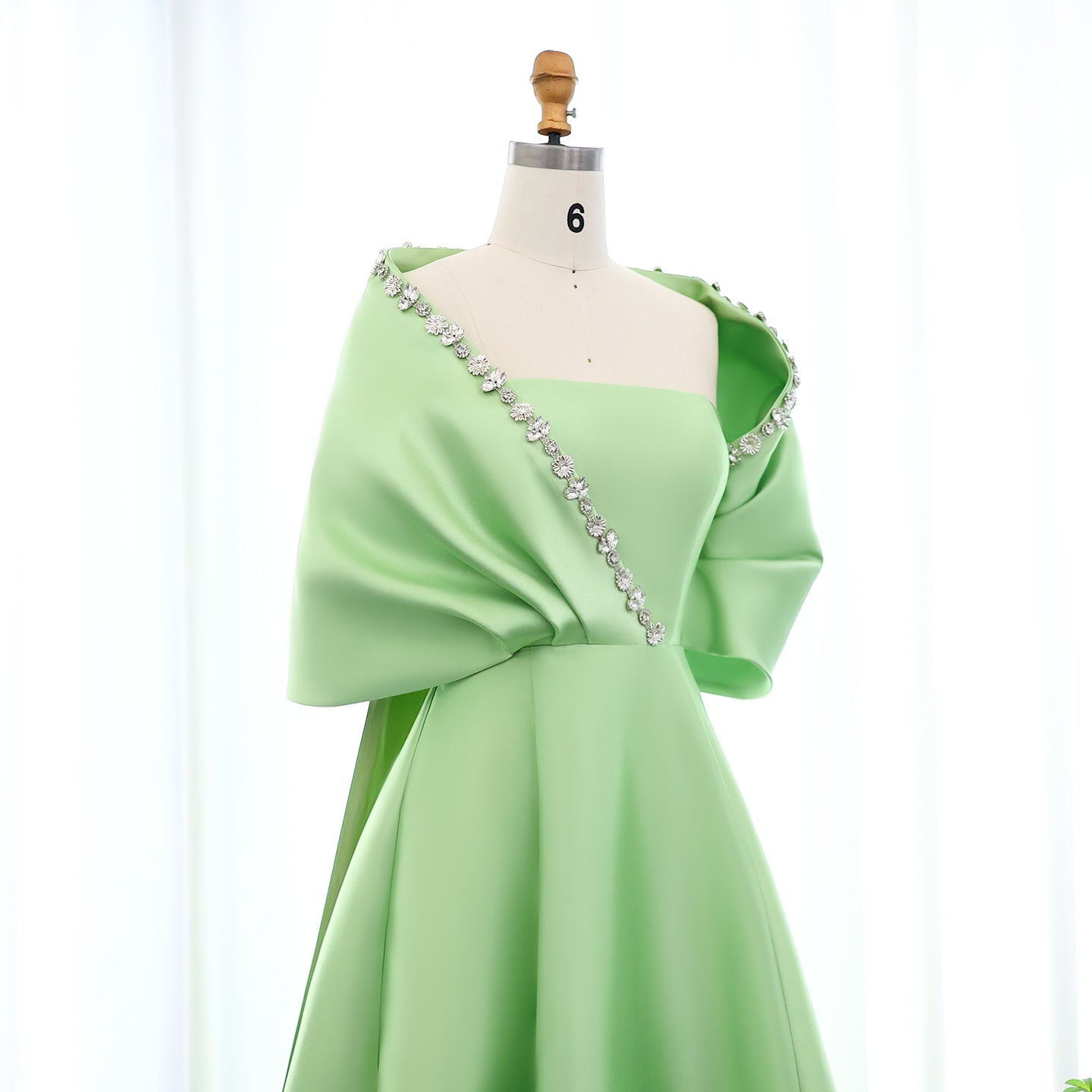 Luxury Crystal Green Evening Dress with Cap and Overskirt SS577