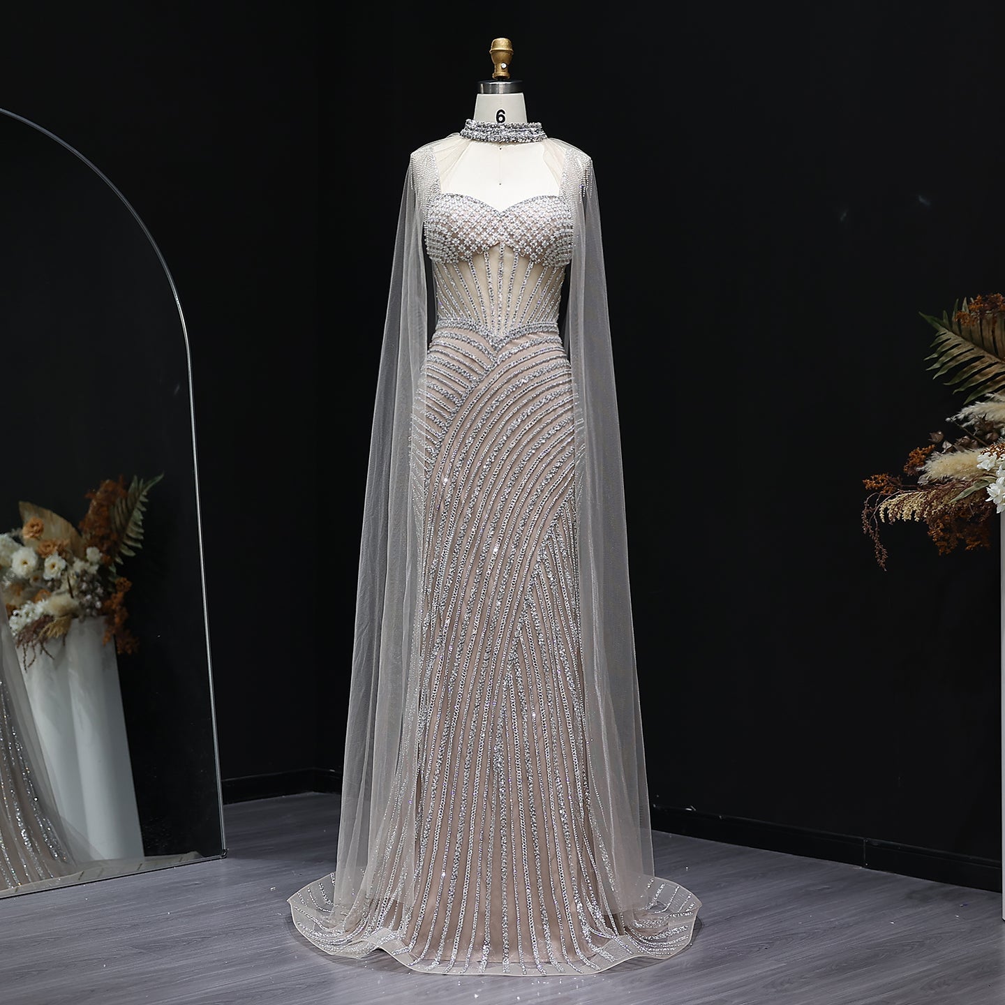 Glamorous Crystal Lilac Evening Dress with Cape  SS070  Champagne / US 16