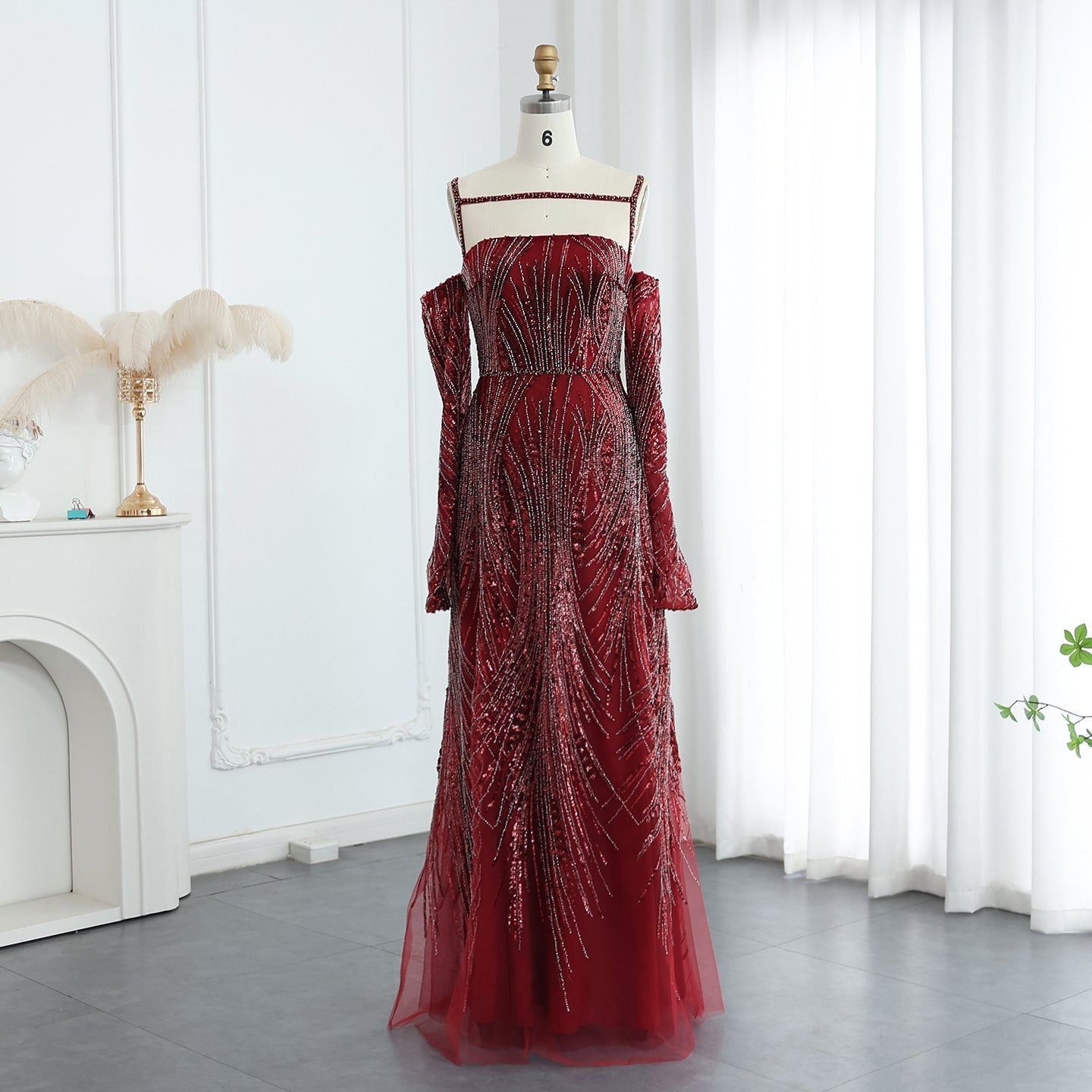 For Sale Luxury Navy Blue Evening Dress with Long Sleeves SS396  Burgundy / US 6