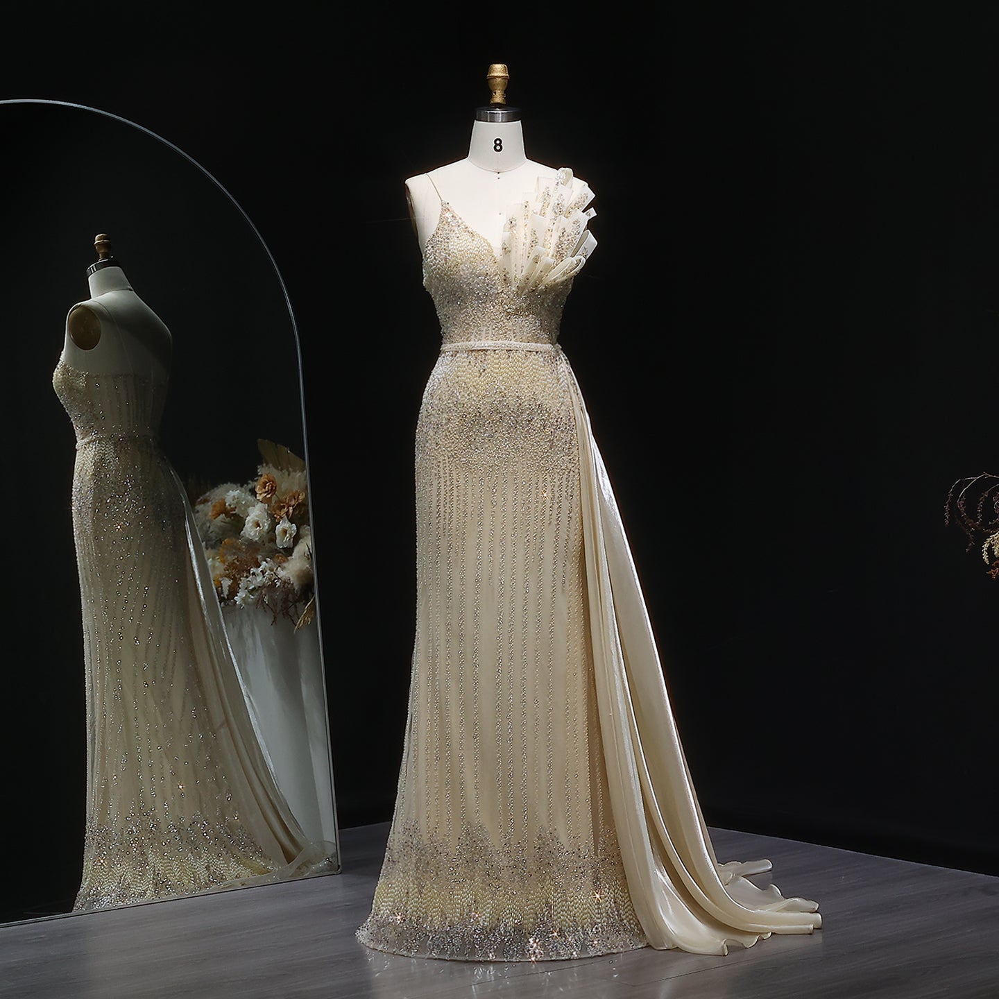 Luxury Beige Beaded Mermaid Evening Dress with Overskirt SS094  Beige / US 20