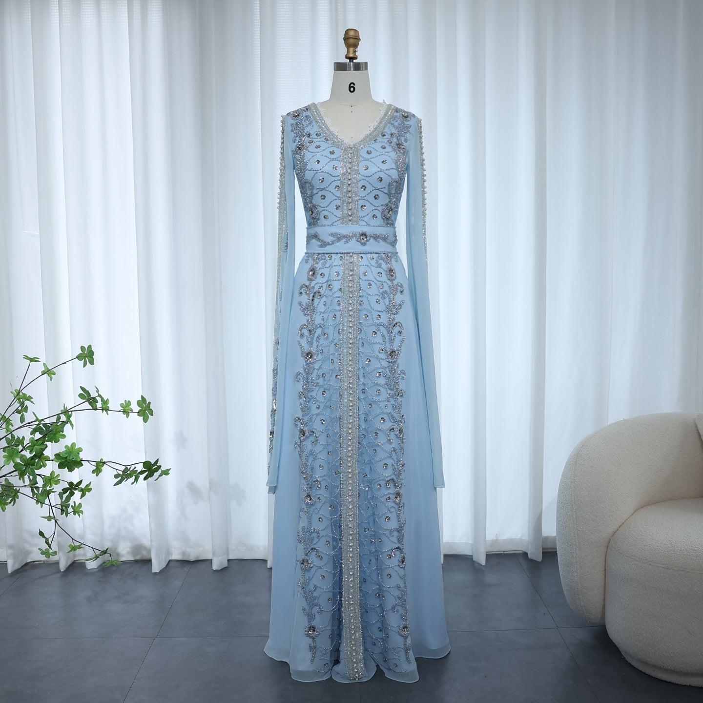 Luxury Moroccan Kaftan Blue Long Sleeve Evening Dress SS404