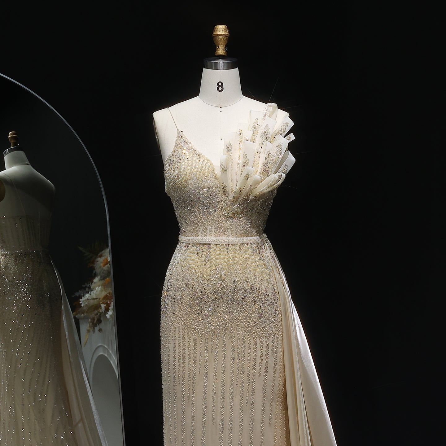 Luxury Beige Beaded Mermaid Evening Dress with Overskirt SS094