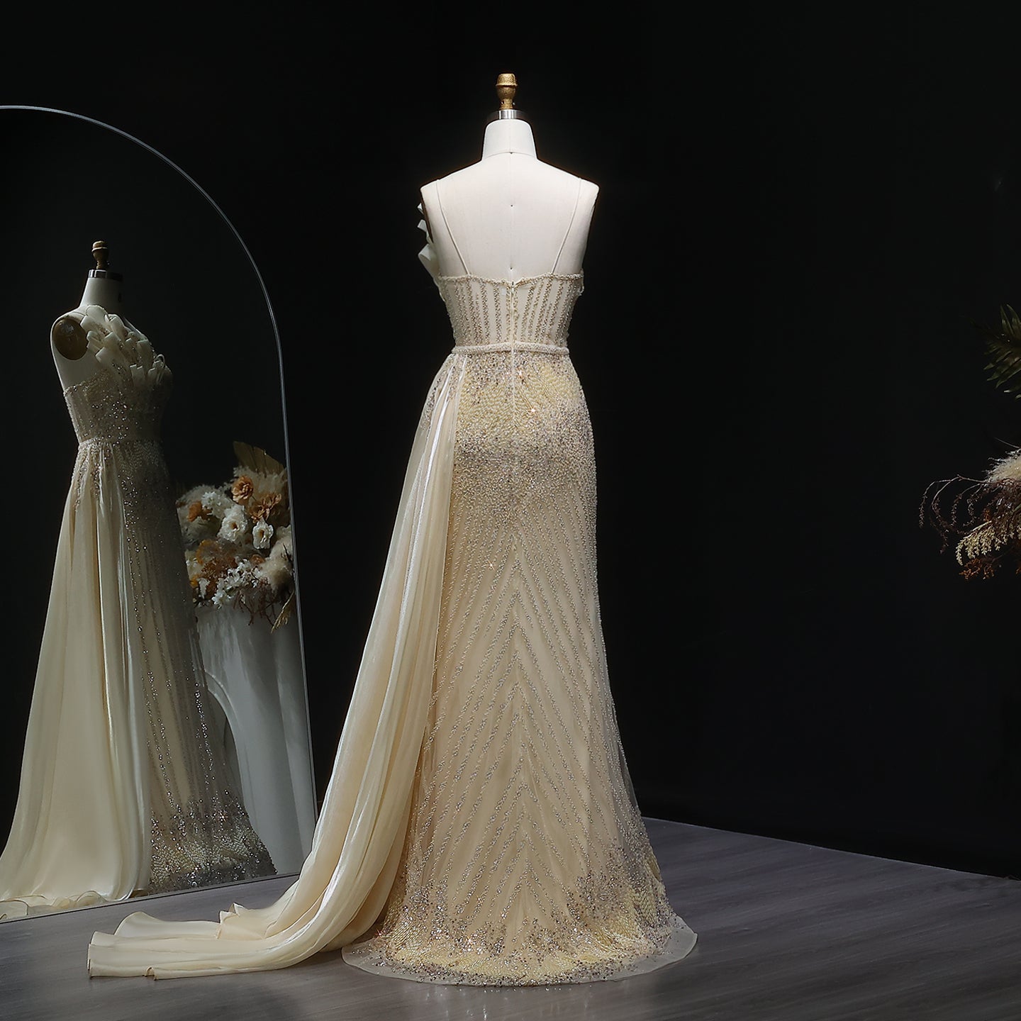 Luxury Beige Beaded Mermaid Evening Dress with Overskirt SS094