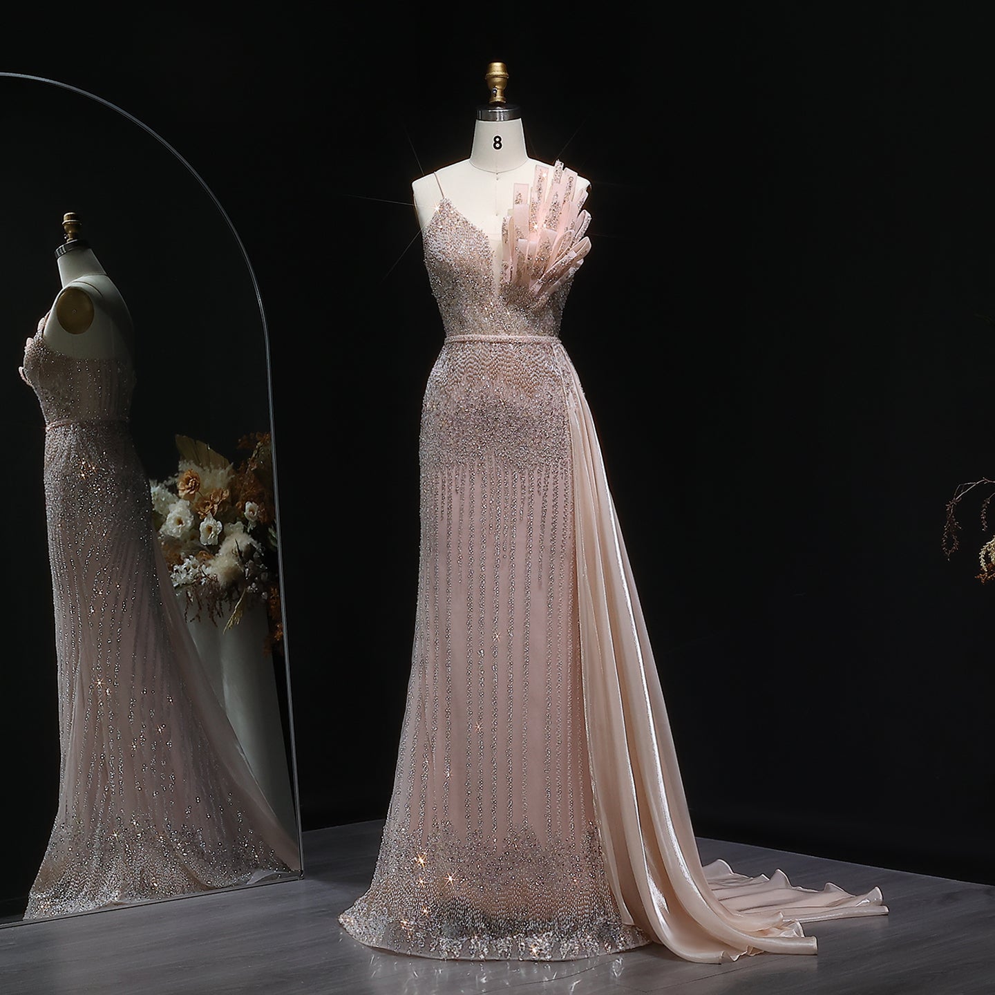 Luxury Beige Beaded Mermaid Evening Dress with Overskirt SS094  Pink / US 20