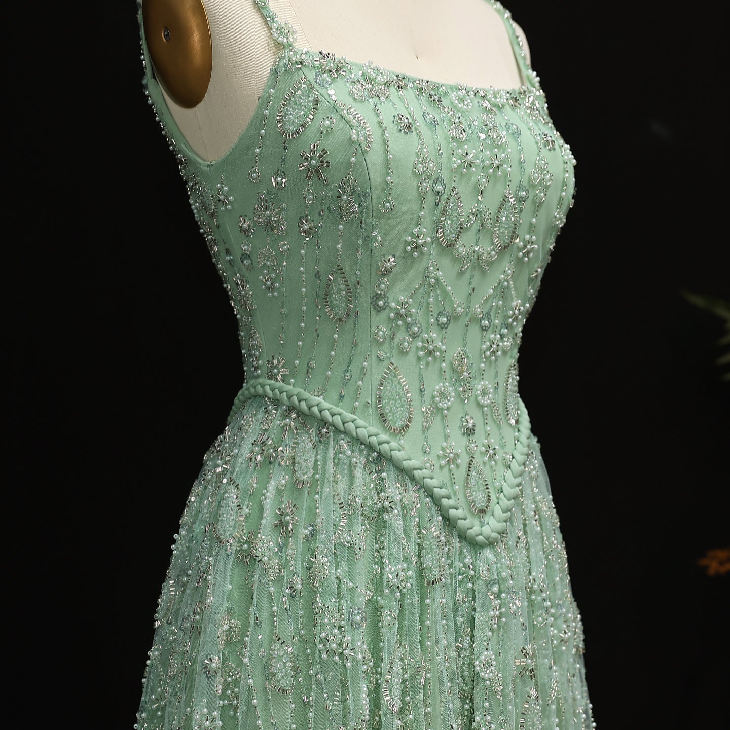 Luxury Sage Green Spaghetti A-Line Evening Dress SS693