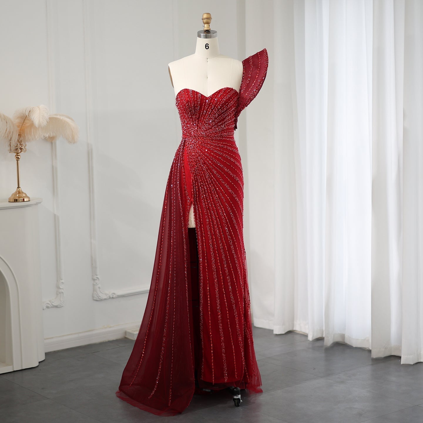 Emerald Green One Shoulder Slit Evening Dress with Overskirt SS201  Burgundy / US 16