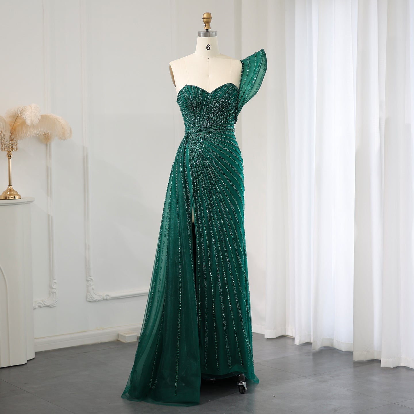 Emerald Green One Shoulder Slit Evening Dress with Overskirt SS201  Green / US 16