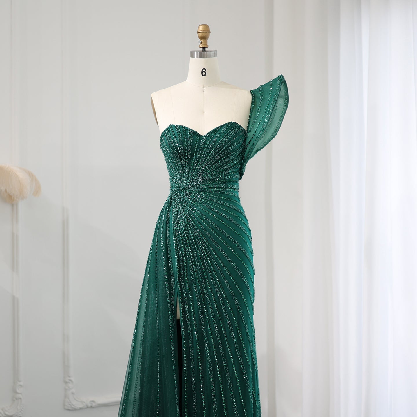 Emerald Green One Shoulder Slit Evening Dress with Overskirt SS201