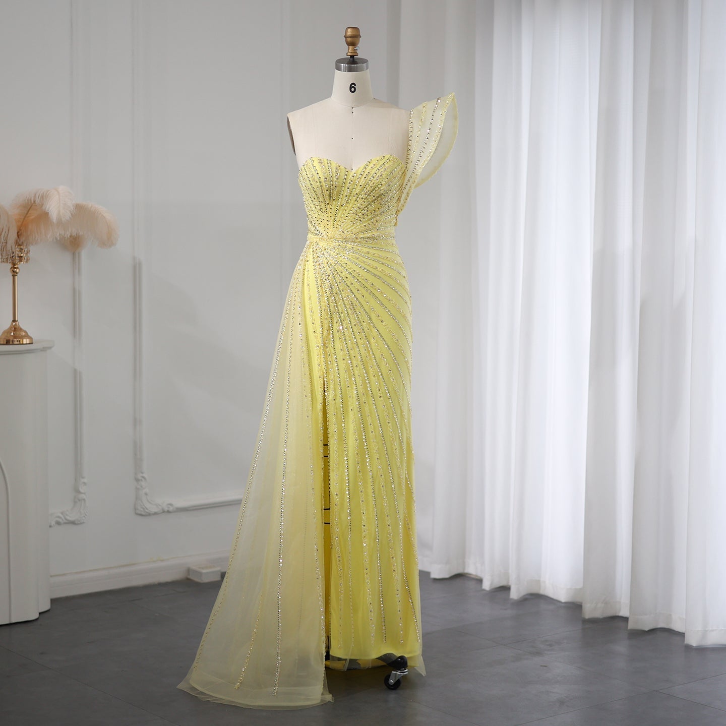 Emerald Green One Shoulder Slit Evening Dress with Overskirt SS201  Yellow / US 16