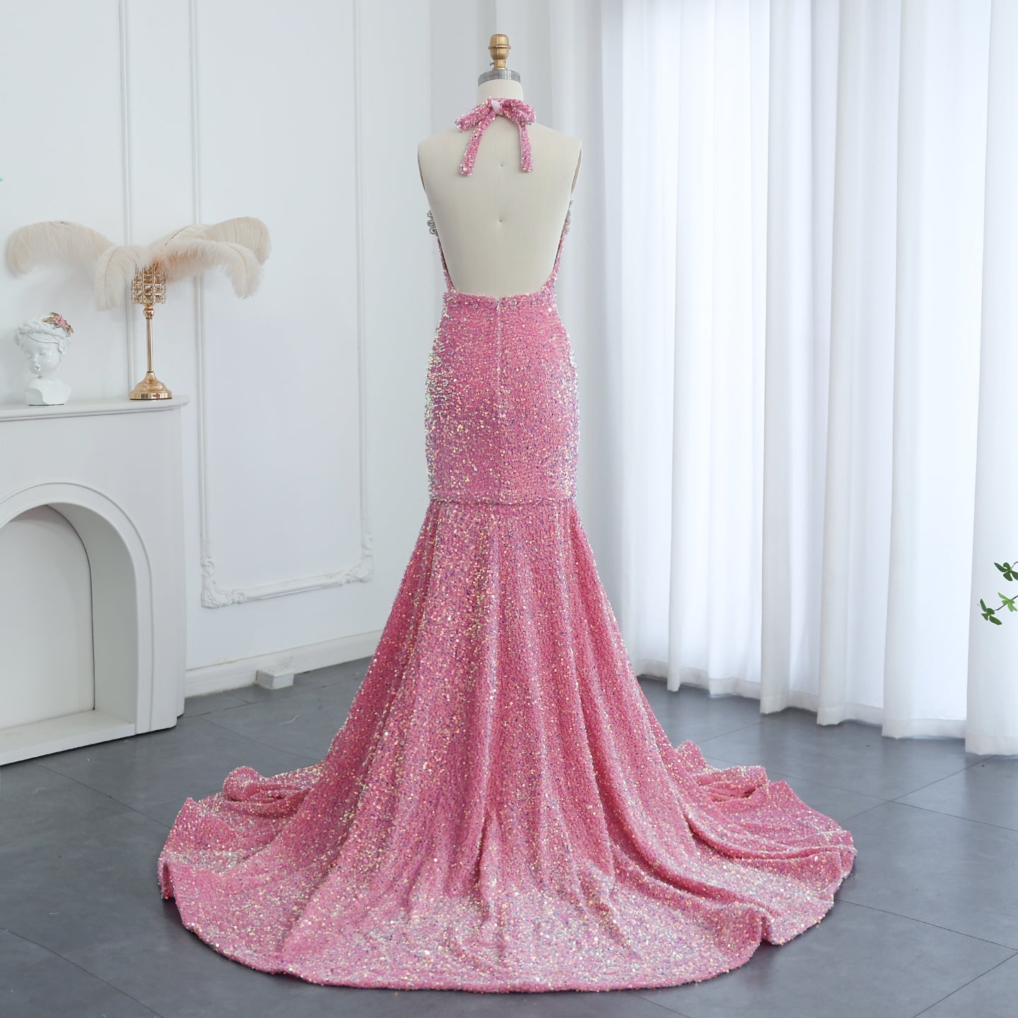 Sparkly Crystal Pink Sequined Halter Prom Dress RM056