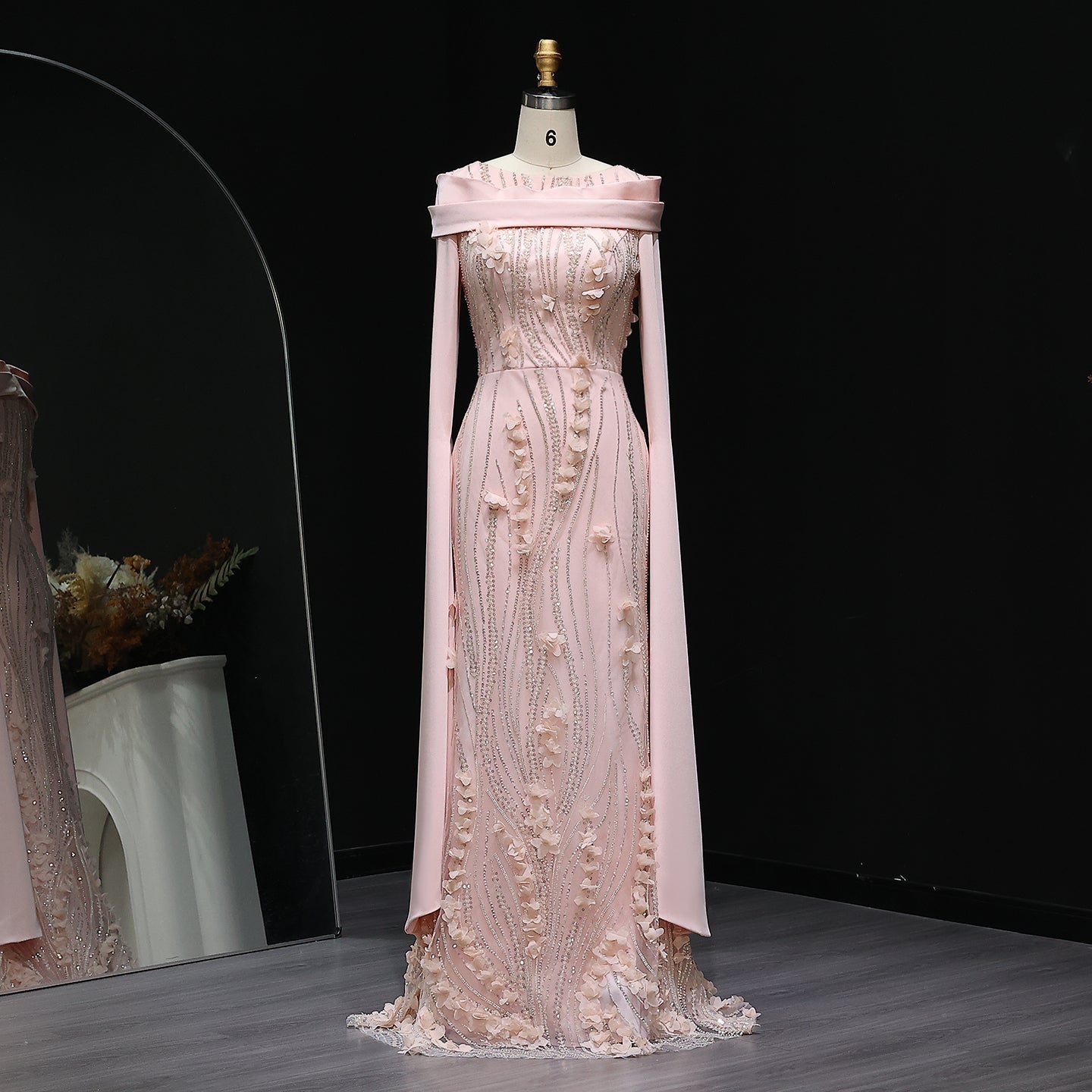 Romantic 3D Floral Evening Dress with Cape Sleeves SS272  Pink / US 16