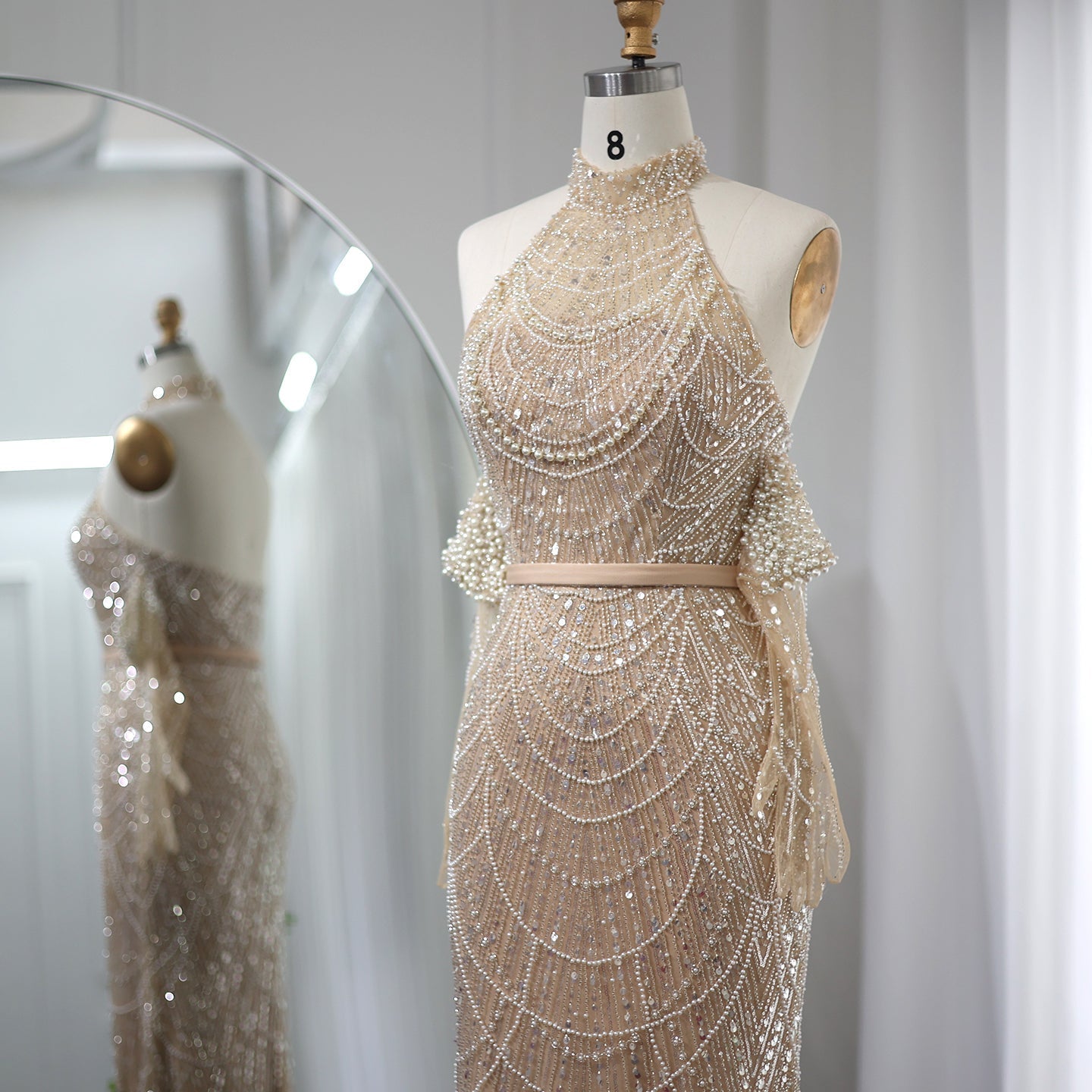 Luxury Nude Halter Mermaid Evening Dress with Gloves SS689