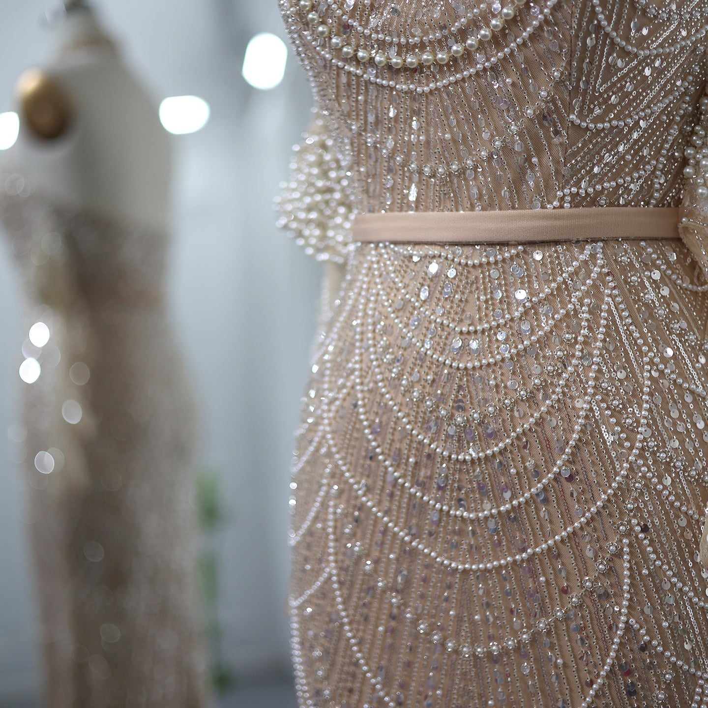 Luxury Nude Halter Mermaid Evening Dress with Gloves SS689