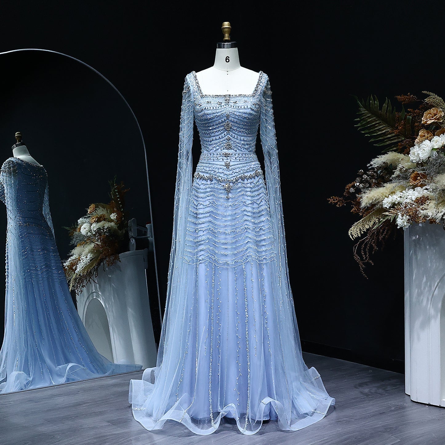 Luxury Beaded Caramel Evening Dress with Cape Sleeve SS591  Blue / US 20