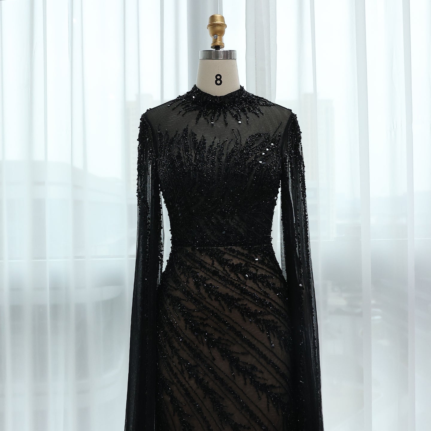Luxury Black High Neck Evening Dress with Cape Sleeves SS162