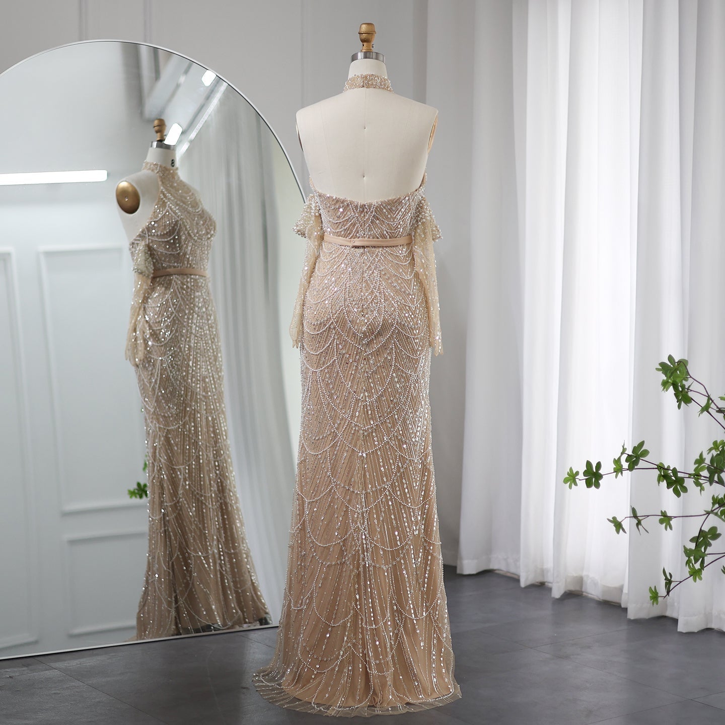 Luxury Nude Halter Mermaid Evening Dress with Gloves SS689