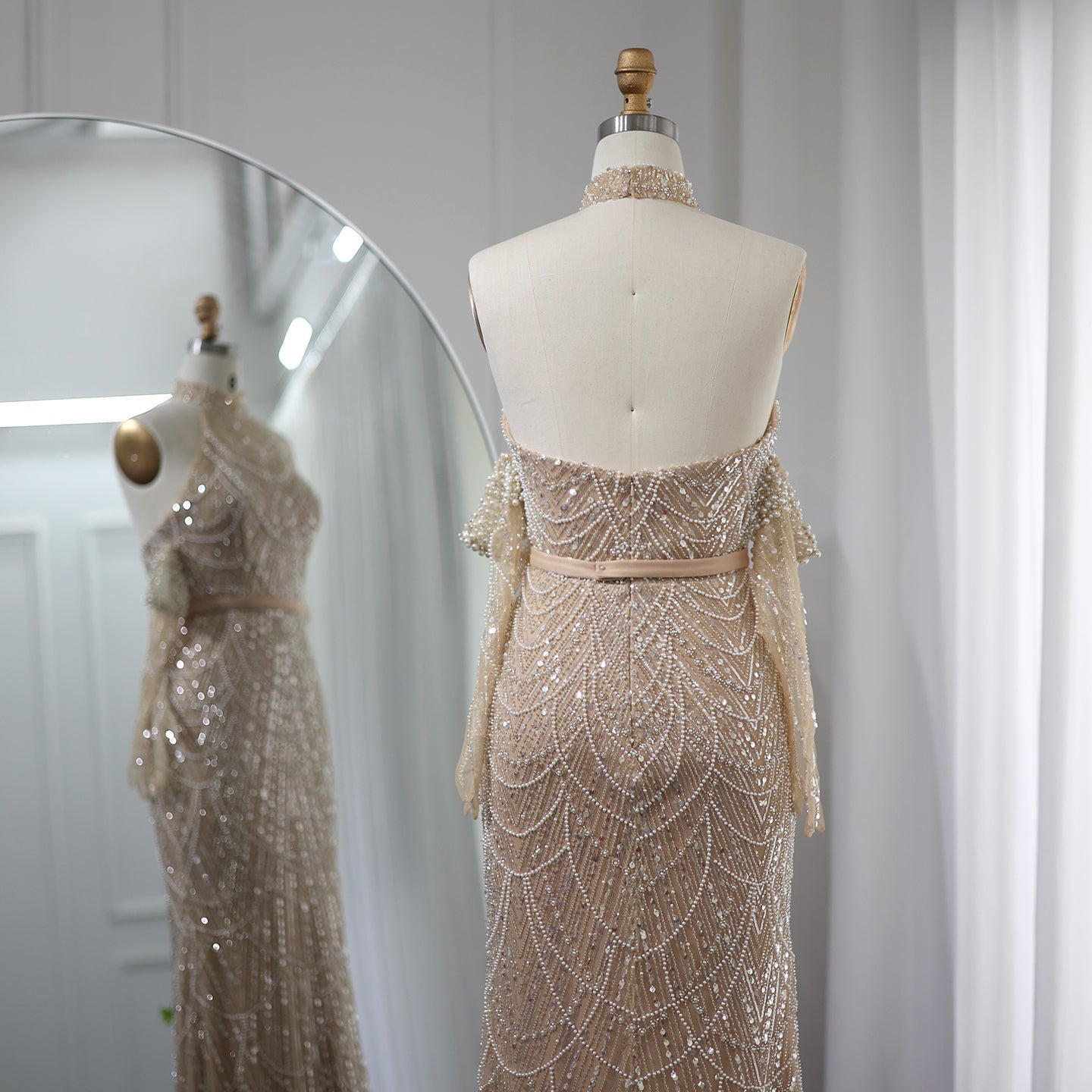 Luxury Nude Halter Mermaid Evening Dress with Gloves SS689