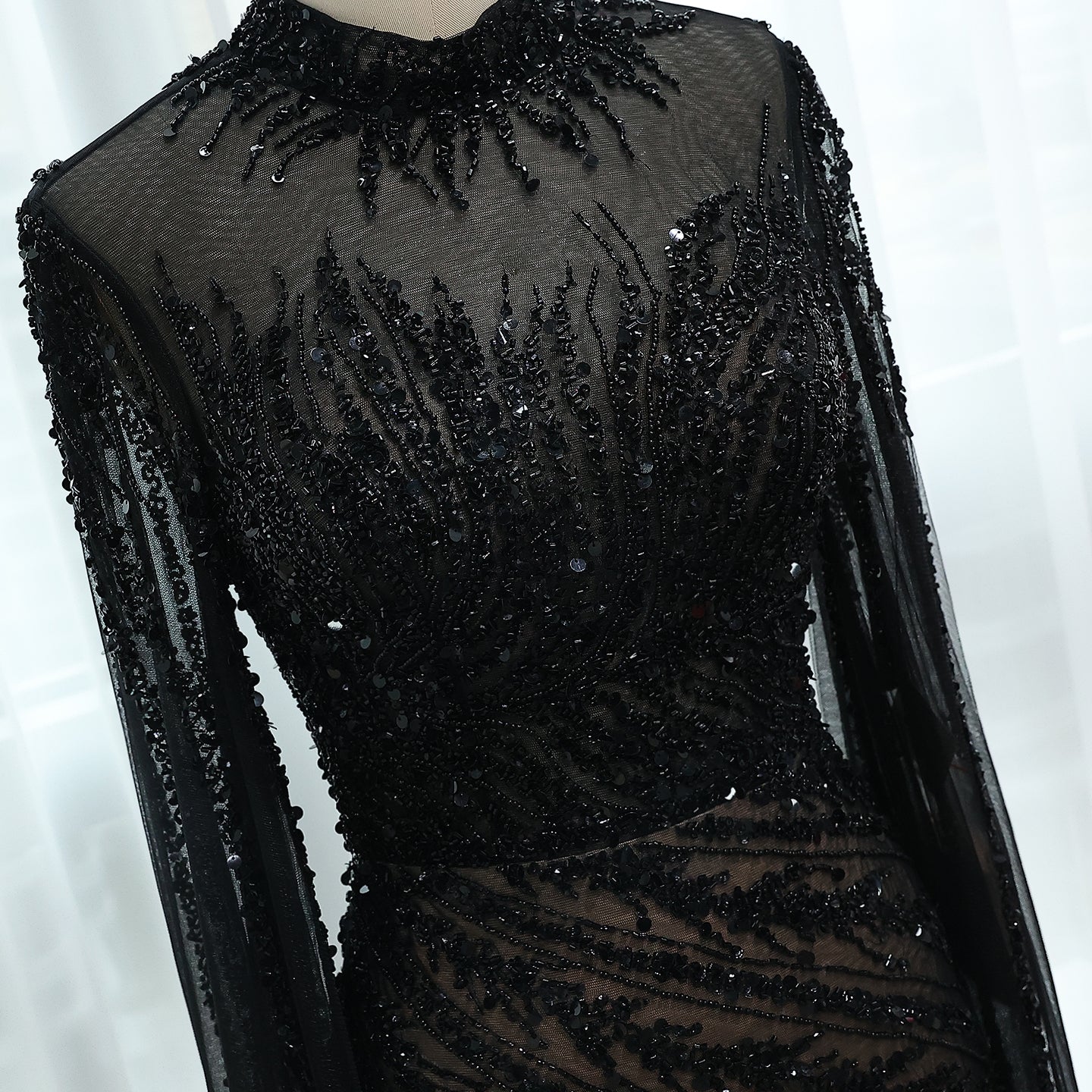 Luxury Black High Neck Evening Dress with Cape Sleeves SS162
