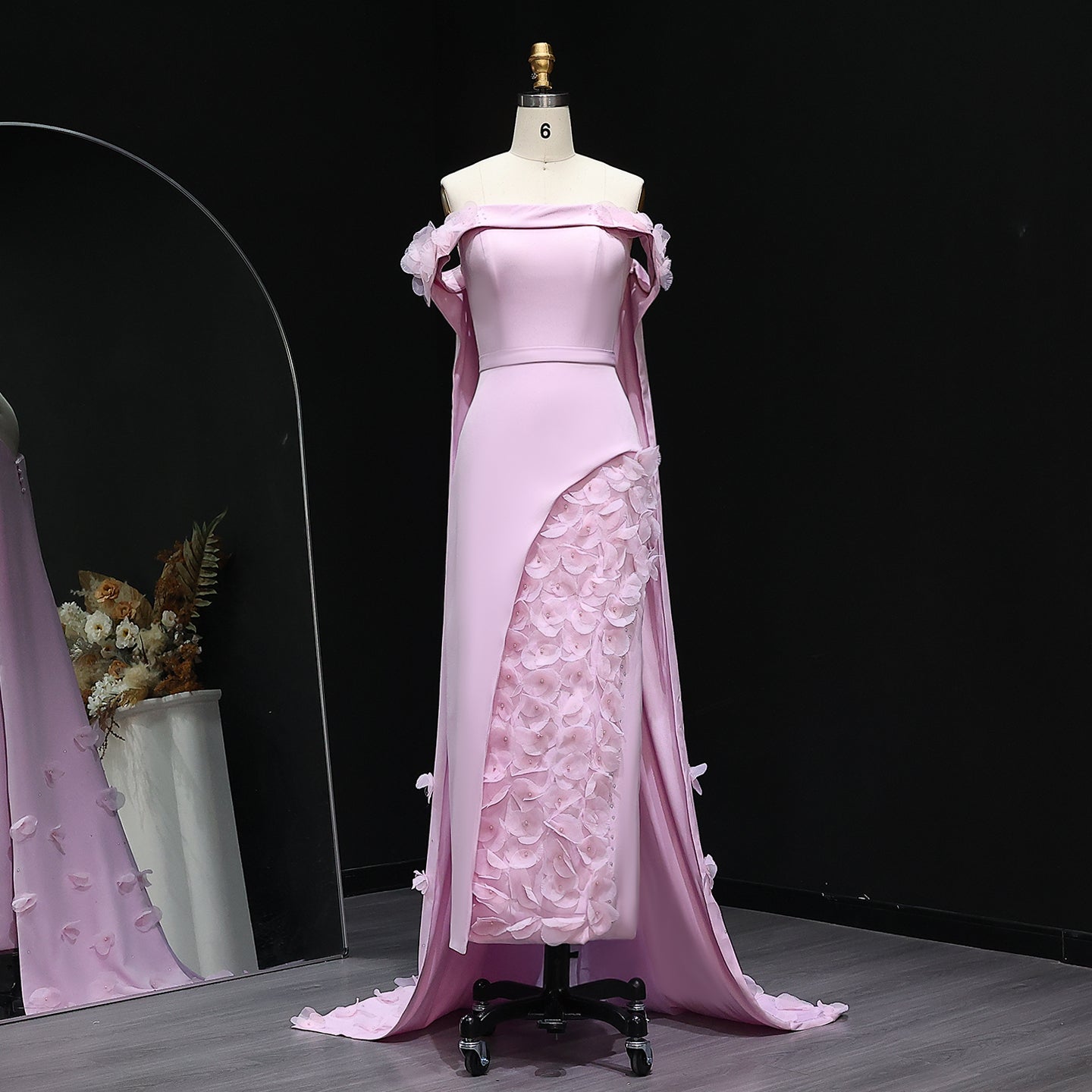 Blush Pink 3D Flowers Arabic Evening Dress with Cape SS281