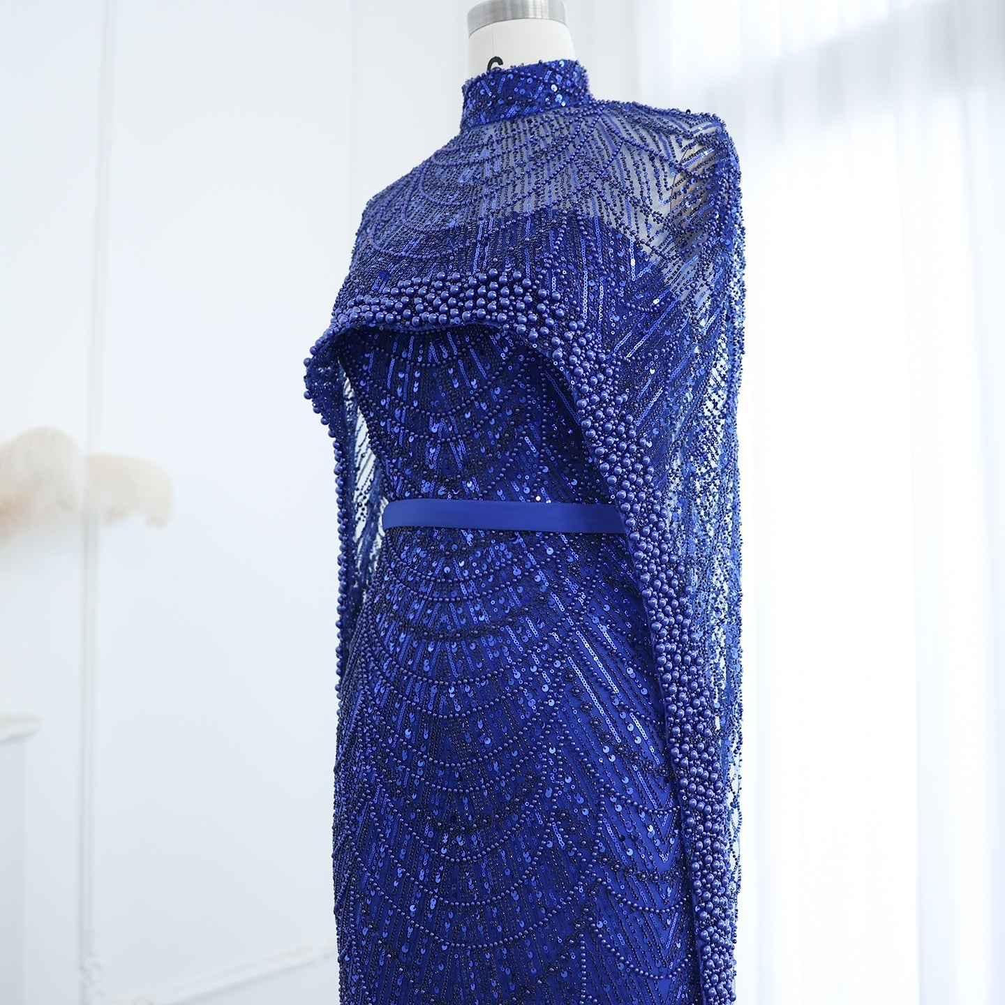 Luxury Pearls Champagne Evening Dress with Cape SS369