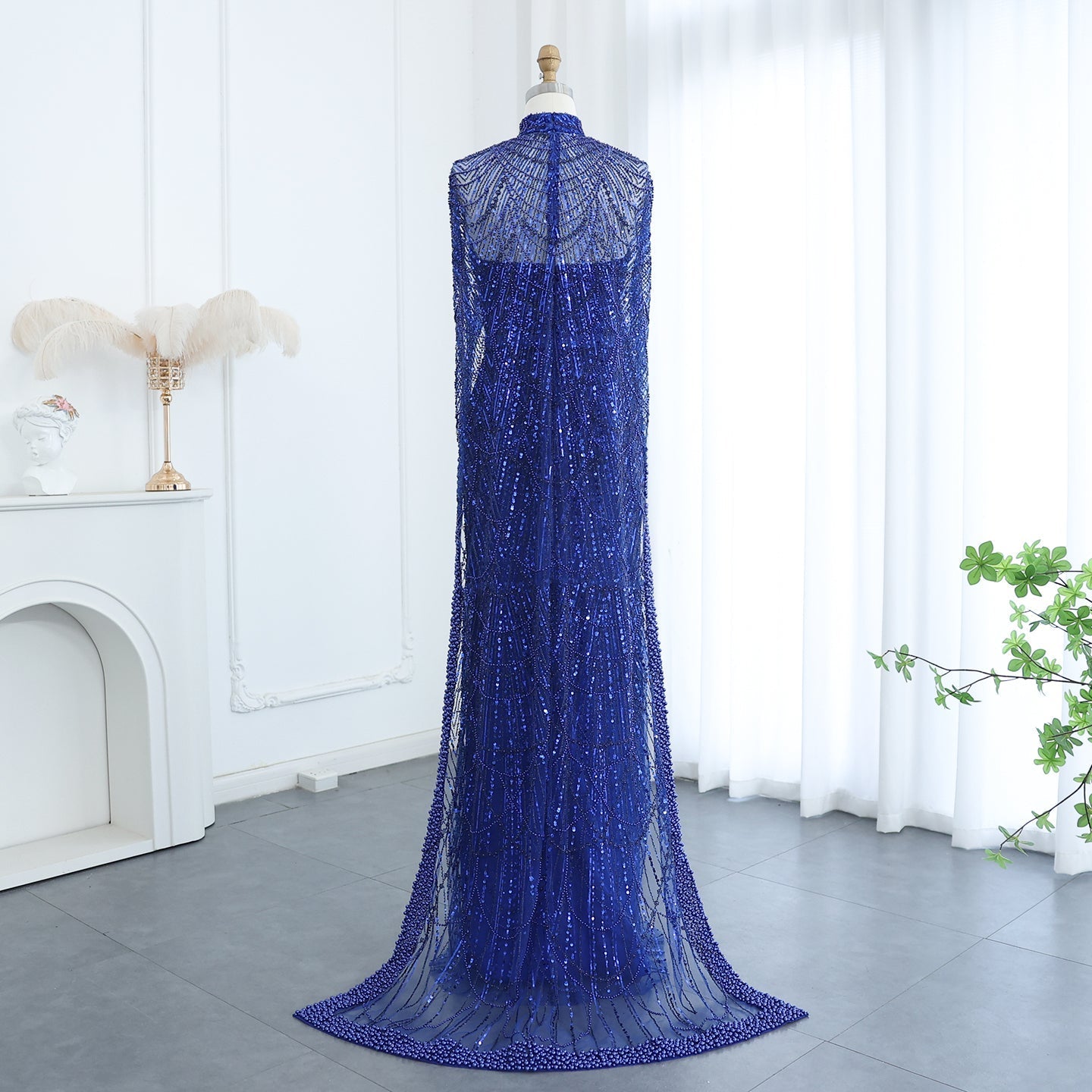 Luxury Pearls Champagne Evening Dress with Cape SS369