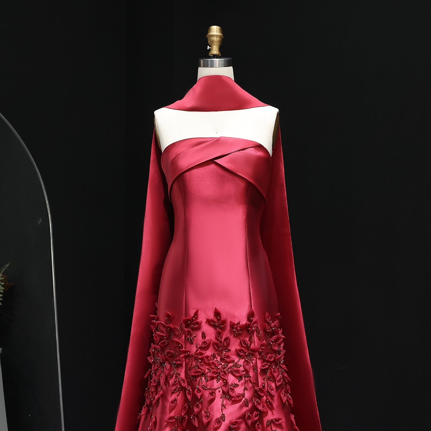 Luxury 3D Leaves Pink Satin Evening Dress with Cape SS463