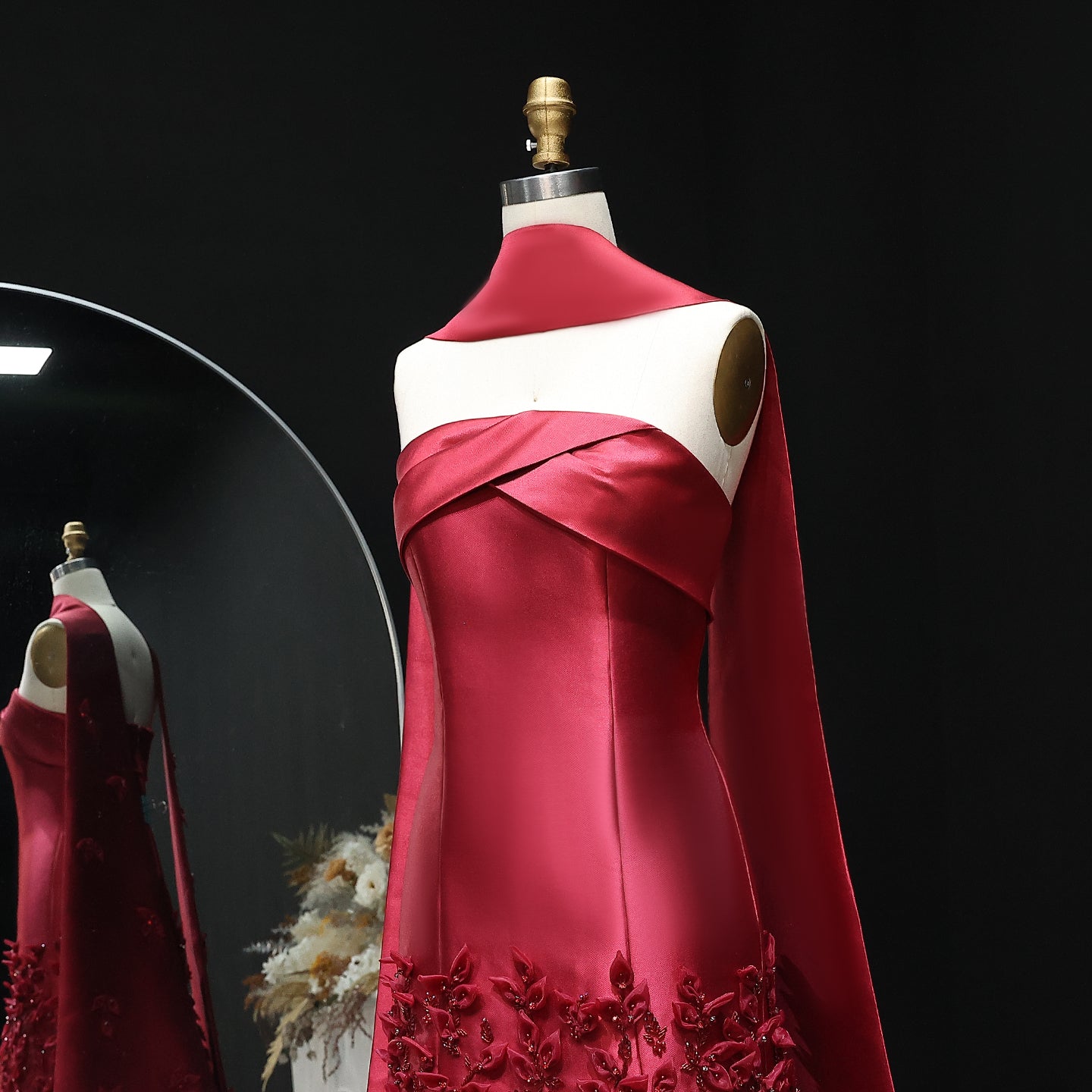 Luxury 3D Leaves Pink Satin Evening Dress with Cape SS463