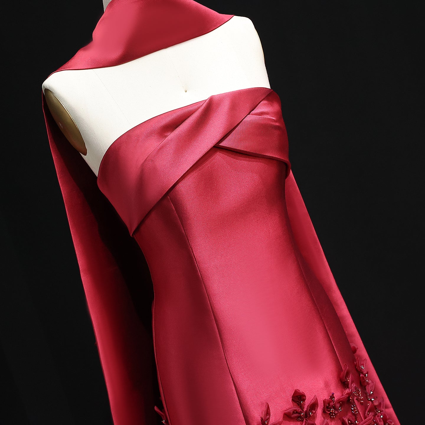 Luxury 3D Leaves Pink Satin Evening Dress with Cape SS463