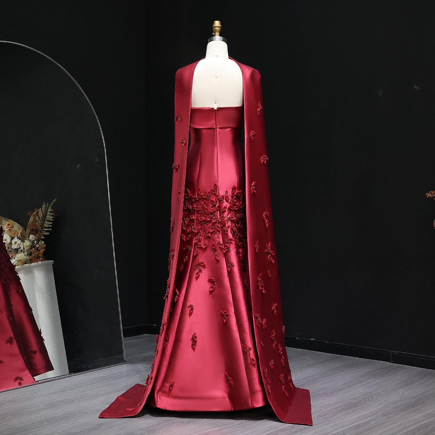 Luxury 3D Leaves Pink Satin Evening Dress with Cape SS463