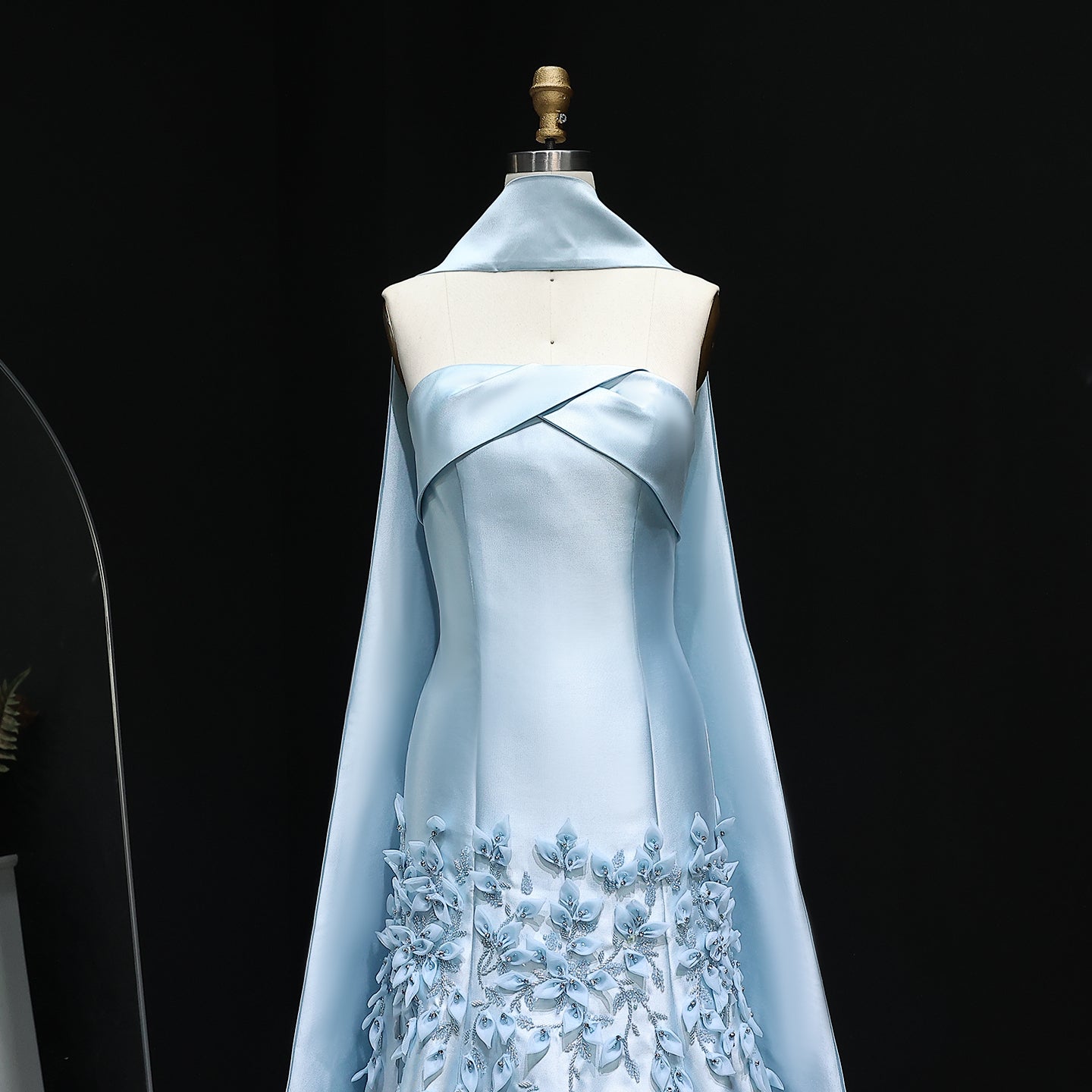 Luxury 3D Leaves Pink Satin Evening Dress with Cape SS463